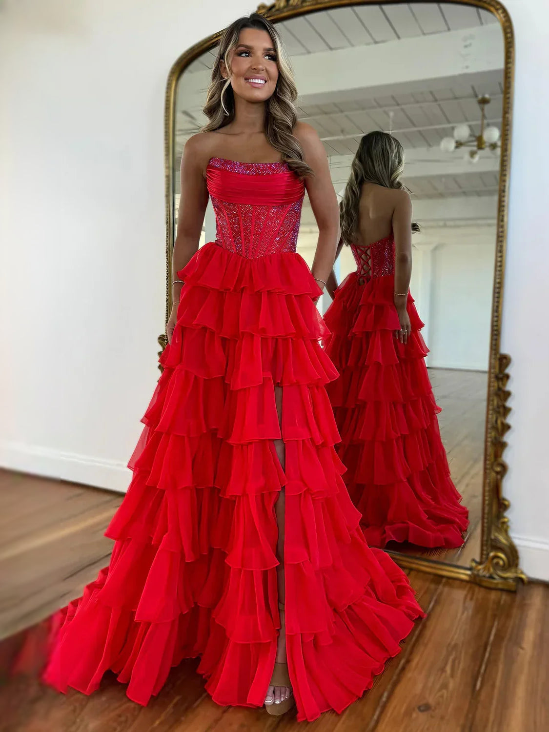 Corset Tiered Ruffled Slit Sweetheart A-Line Maxi Chiffon Prom Dress for Awards Dinner