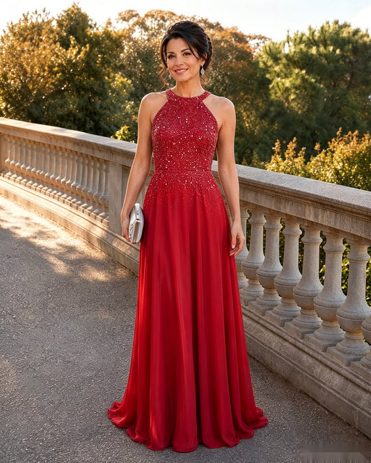 Halter Neck Sequin Chiffon A-Line Mother of the Bride Dress