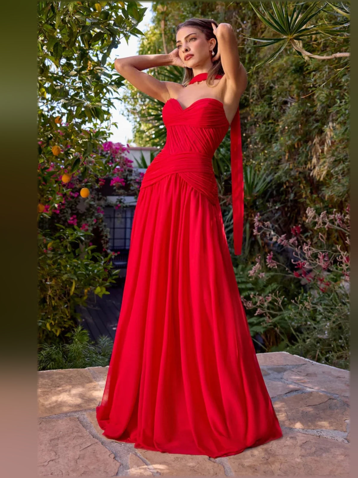 Halter-Neck Sweetheart Ruched Chiffon Draped-Sash Formal Dress