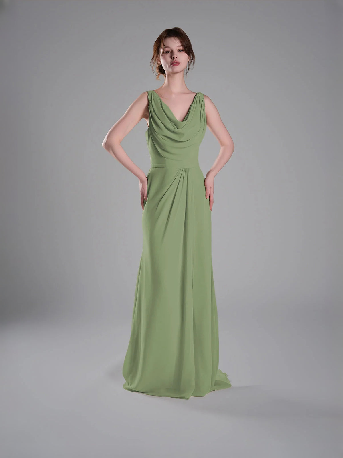 Cowl Neck Sheath Maxi Chiffon Bridesmaid Dress for Formal Wedding