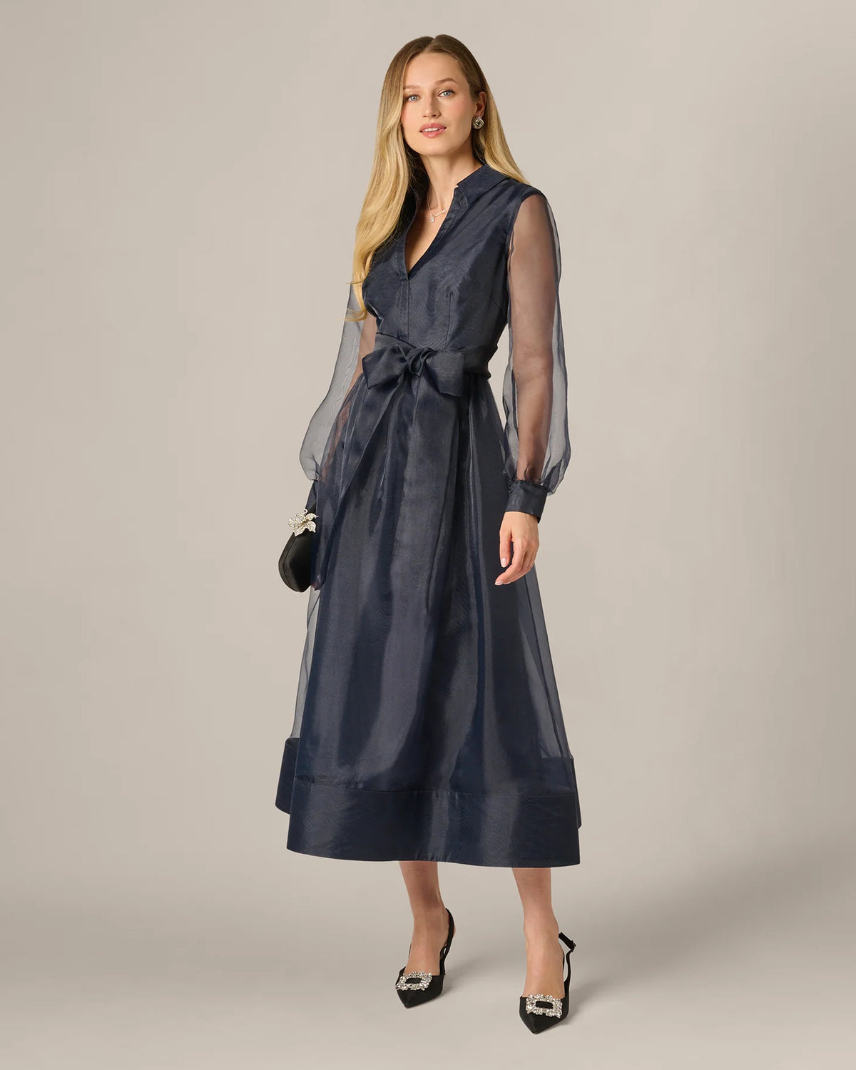 Long-Sleeve A-Line Midi Mother of the Bride Dress for Gala Dinner