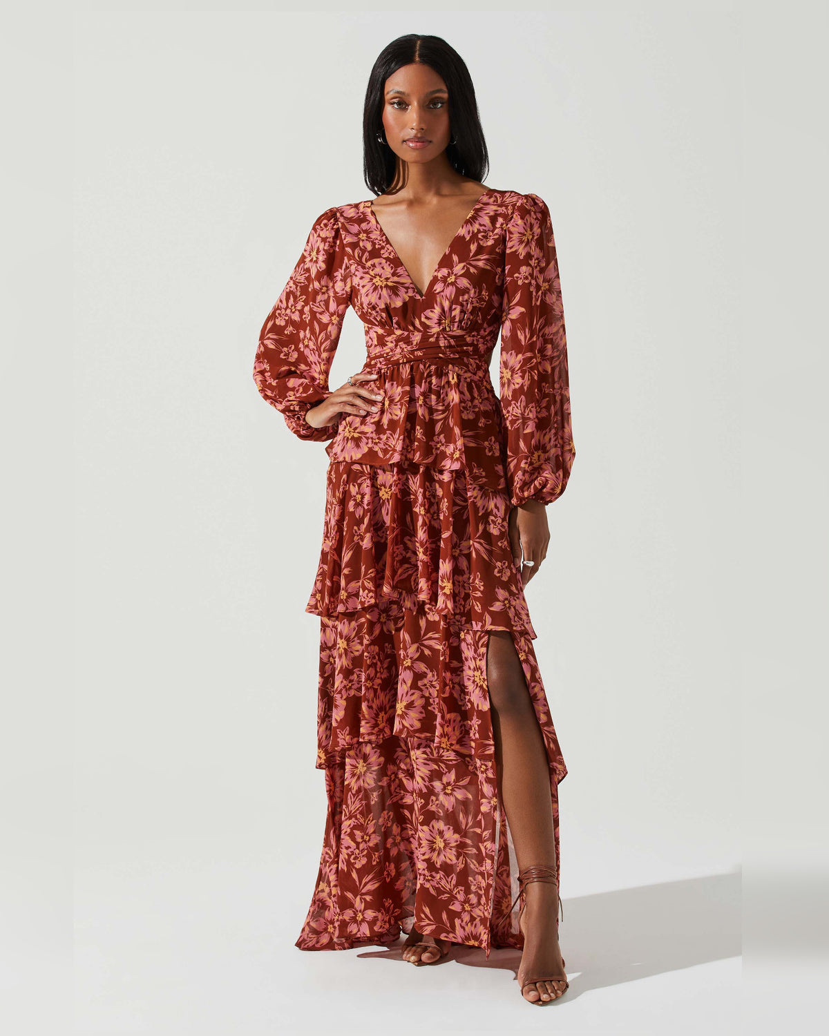 Tiered Floral Print Spaghetti Strap A-Line Maxi Formal Dress for Engagement Party