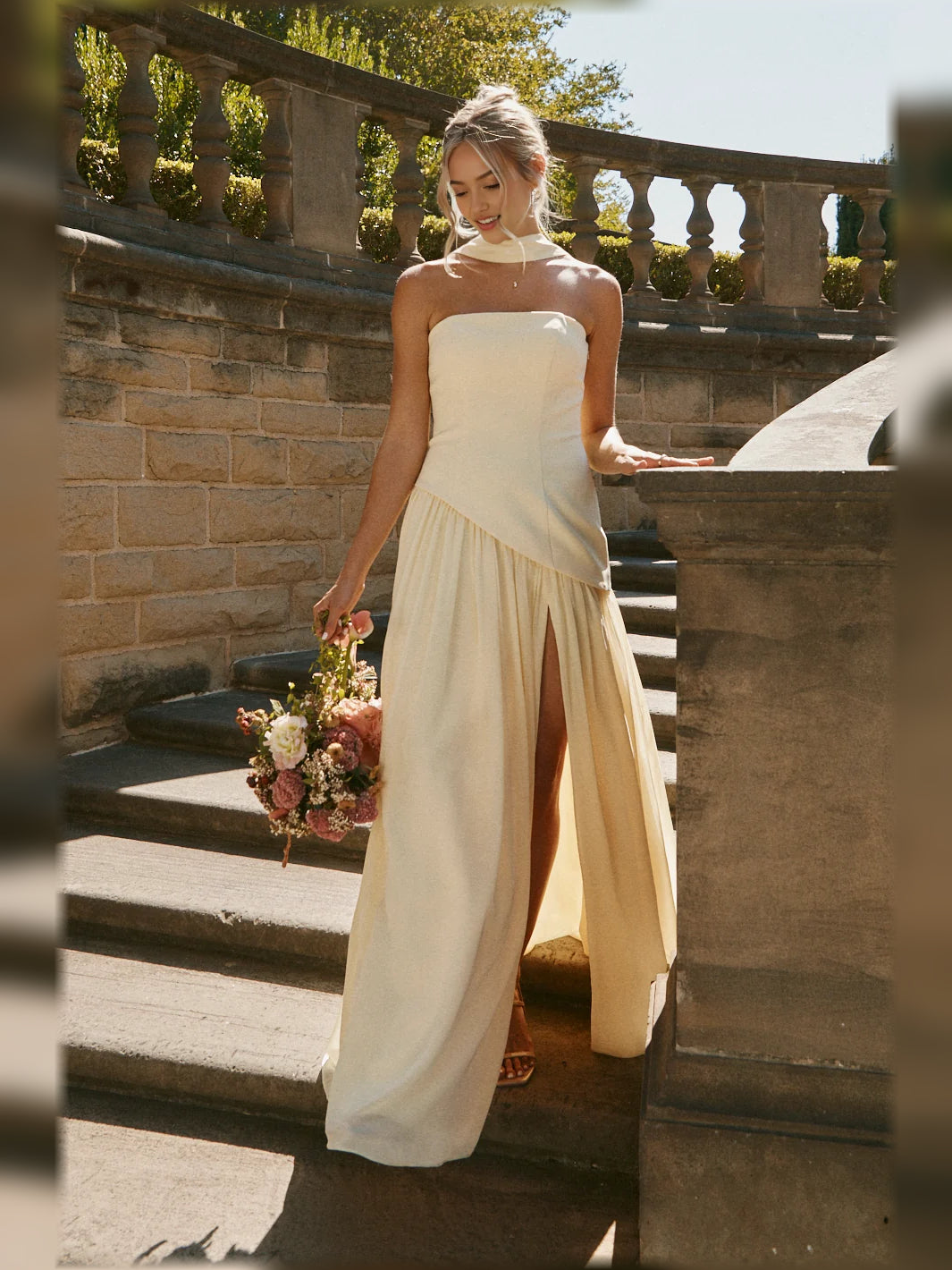 Slit Strapless A-Line Maxi Chiffon Bridesmaid Dress for Estate Wedding