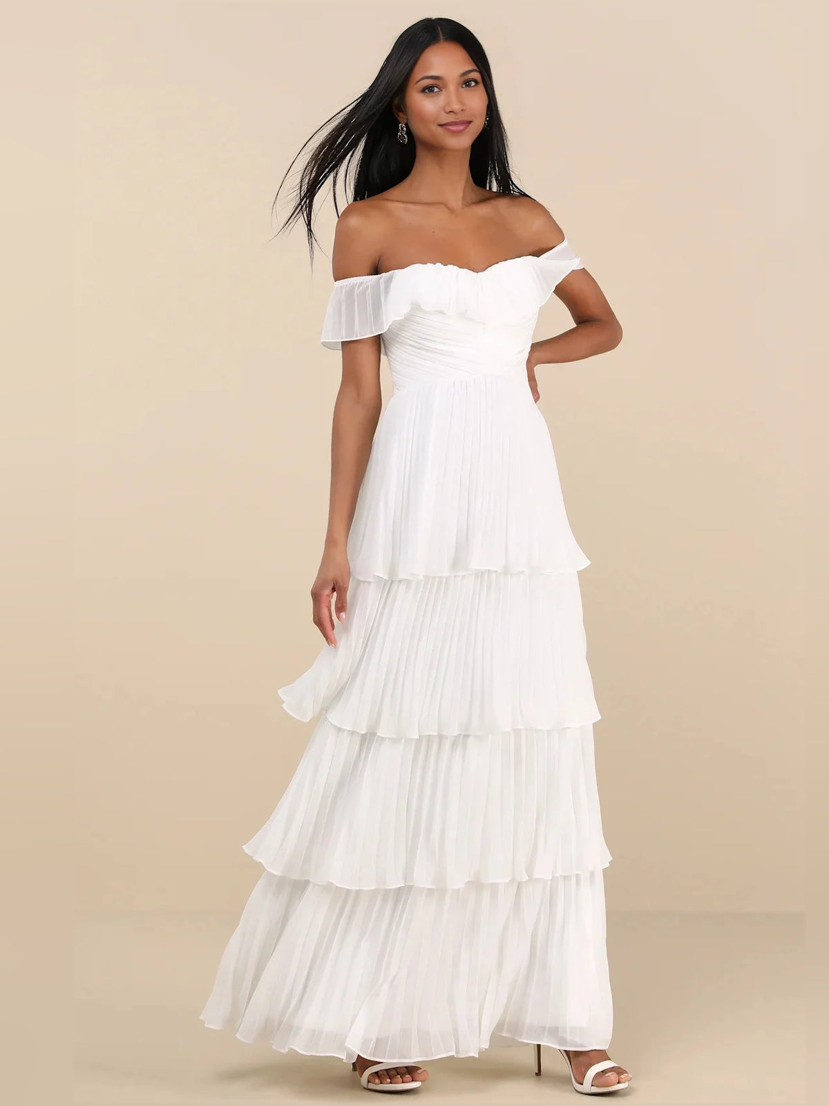 Ruched Pleated Ruffled Off Shoulder A-Line Maxi Chiffon Bridesmaid Dress for Destination Wedding