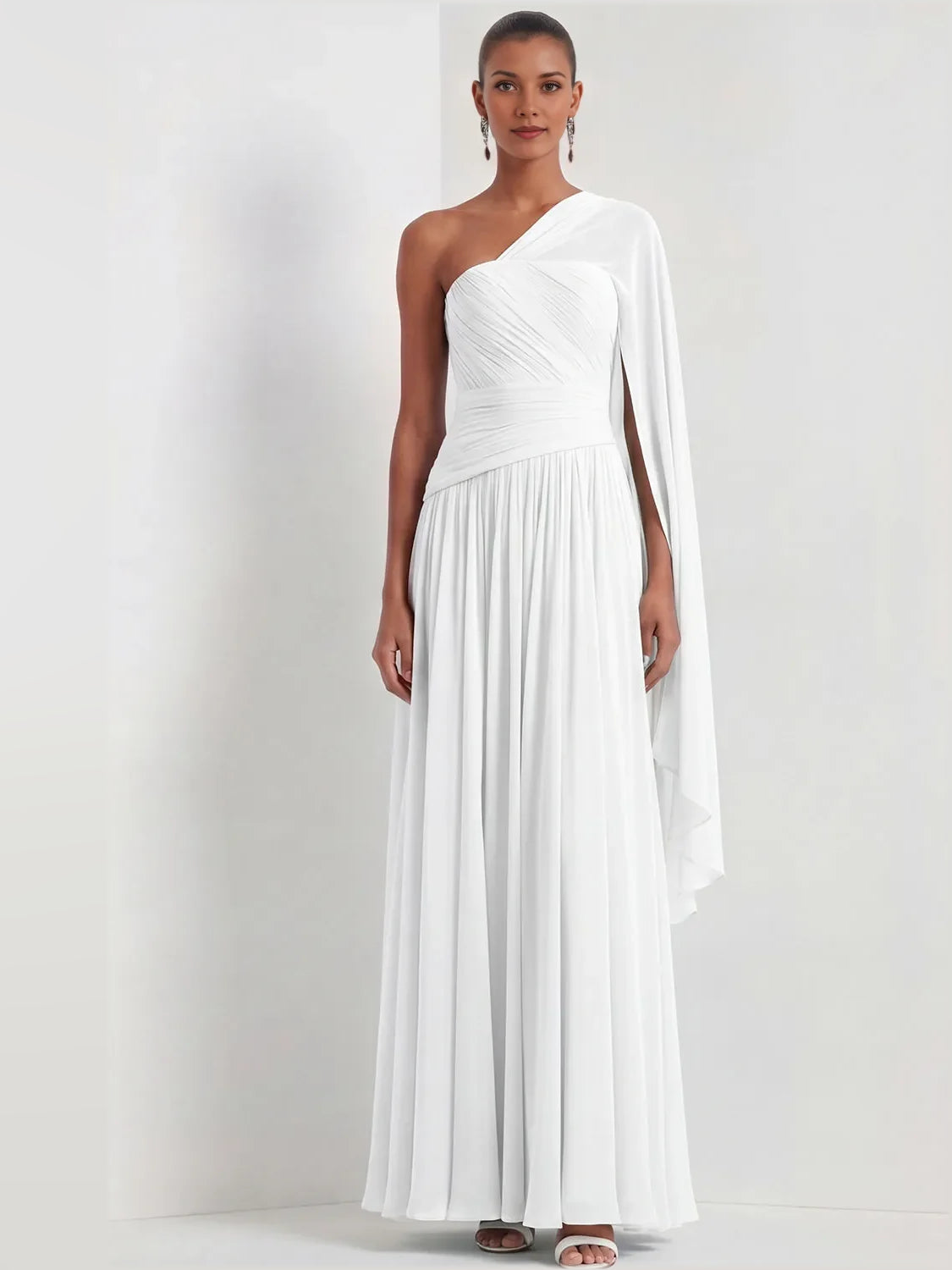 Ruched Pleated Draped One Shoulder A-Line Maxi Chiffon Bridesmaid Dress for Wedding Reception