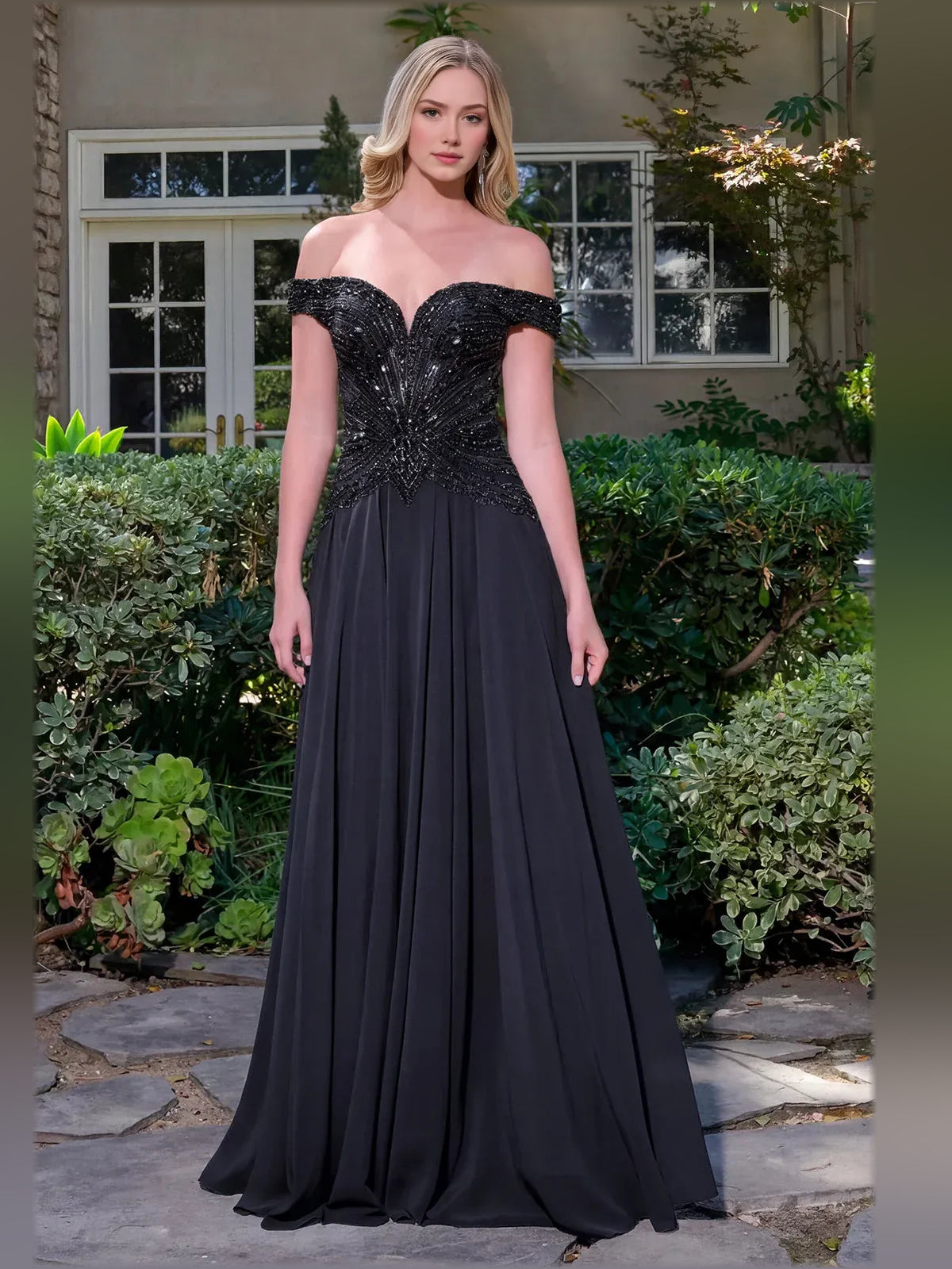 Off-The-Shoulder Short Sleeves Beading Floor-Length Formal Dress