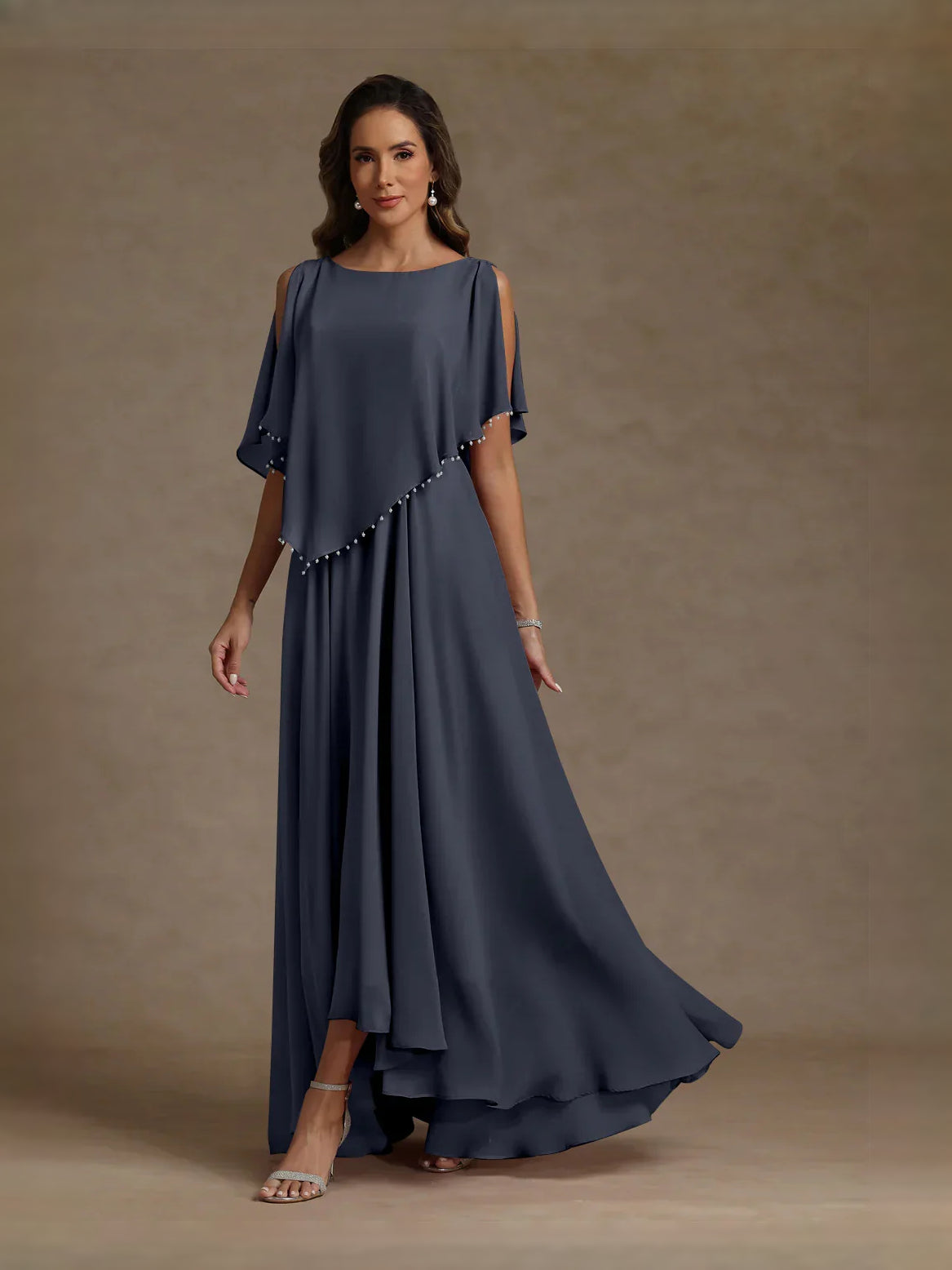 Draped Beaded A-Line Floor-Length Chiffon Mother of the Bride Dress for Engagement Dinner