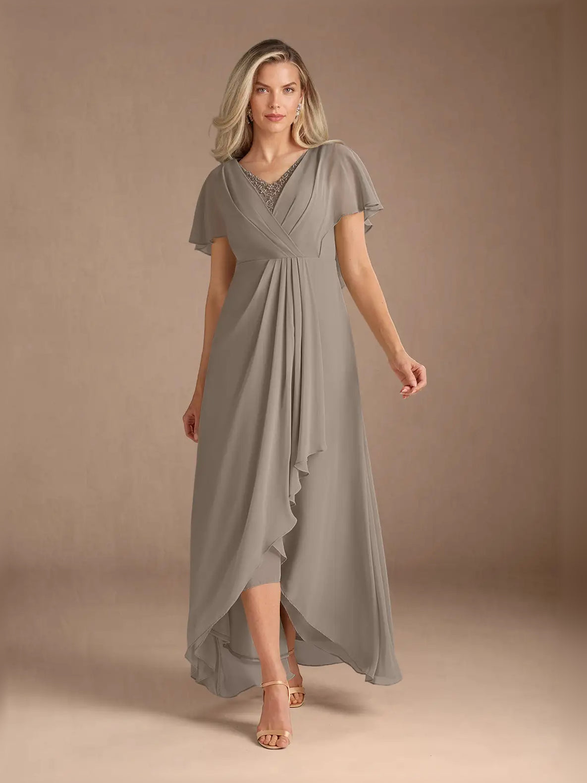 Pleated Draped Ruffled V Neck A-Line High-Low Chiffon Mother of the Bride Dress for Reception Dinner