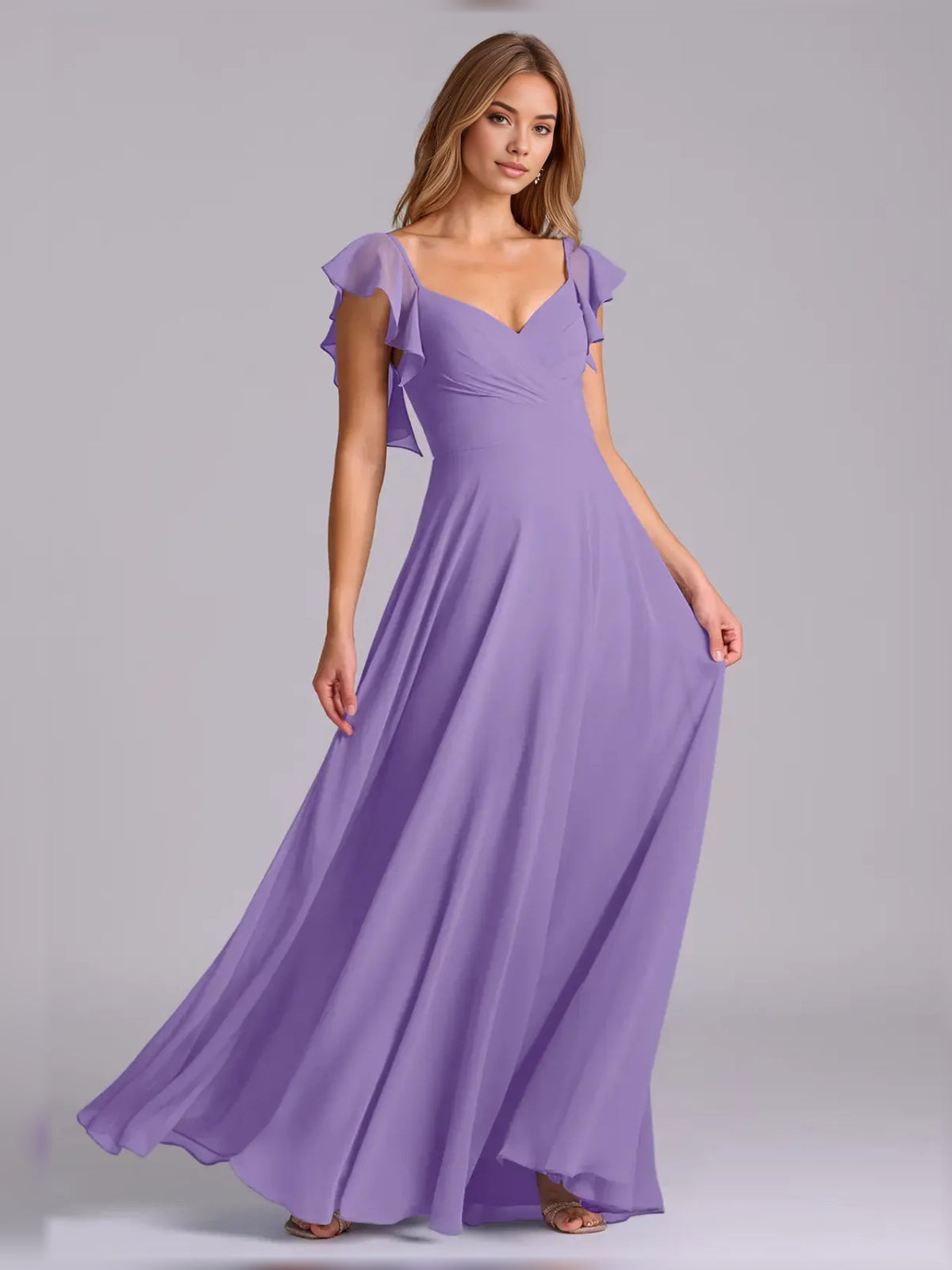 Pleated V Neck A-Line Maxi Chiffon Bridesmaid Dress for Wedding Ceremony