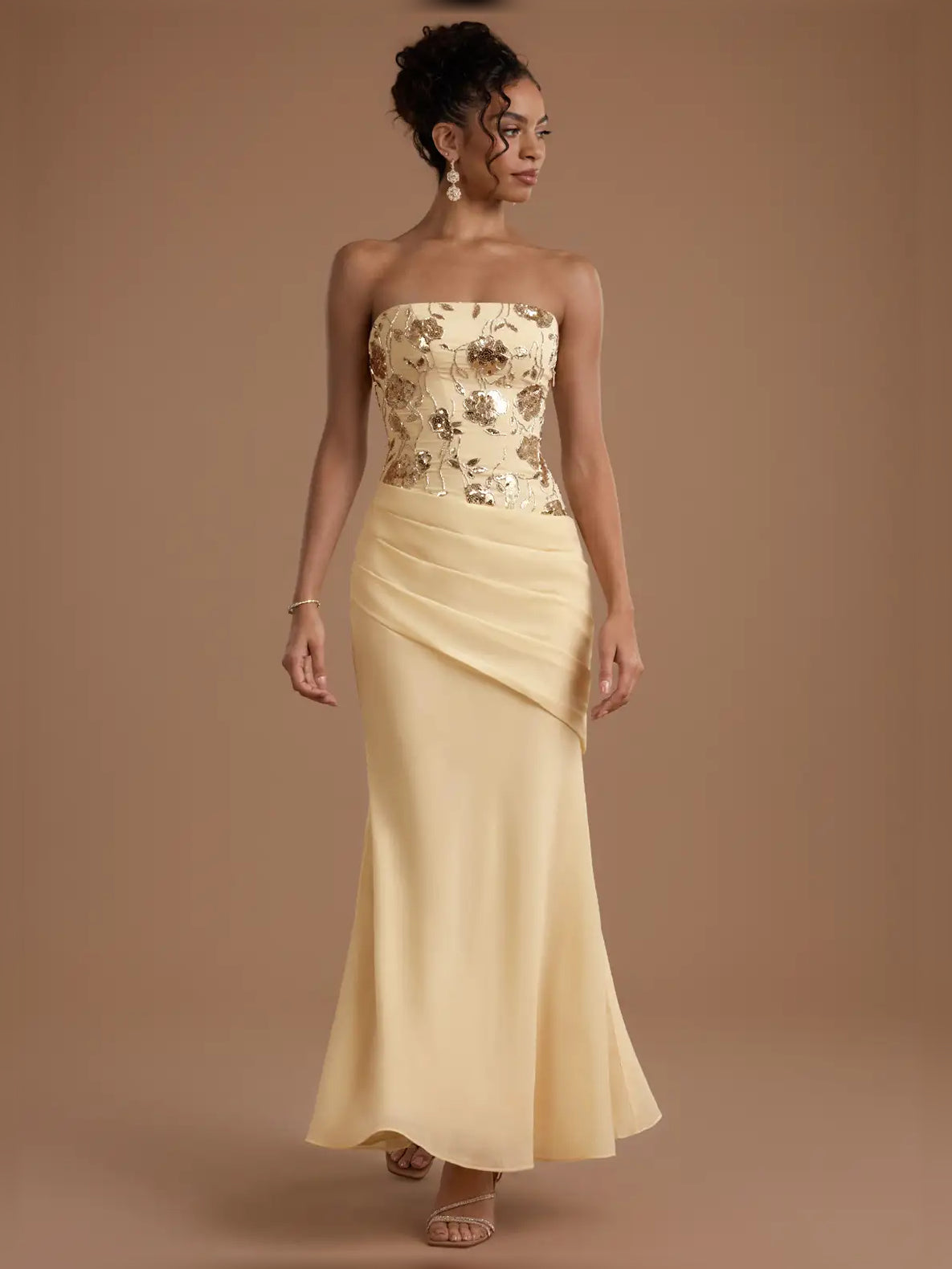 Cowl Neck Ruching Slit Midi Formal Dress