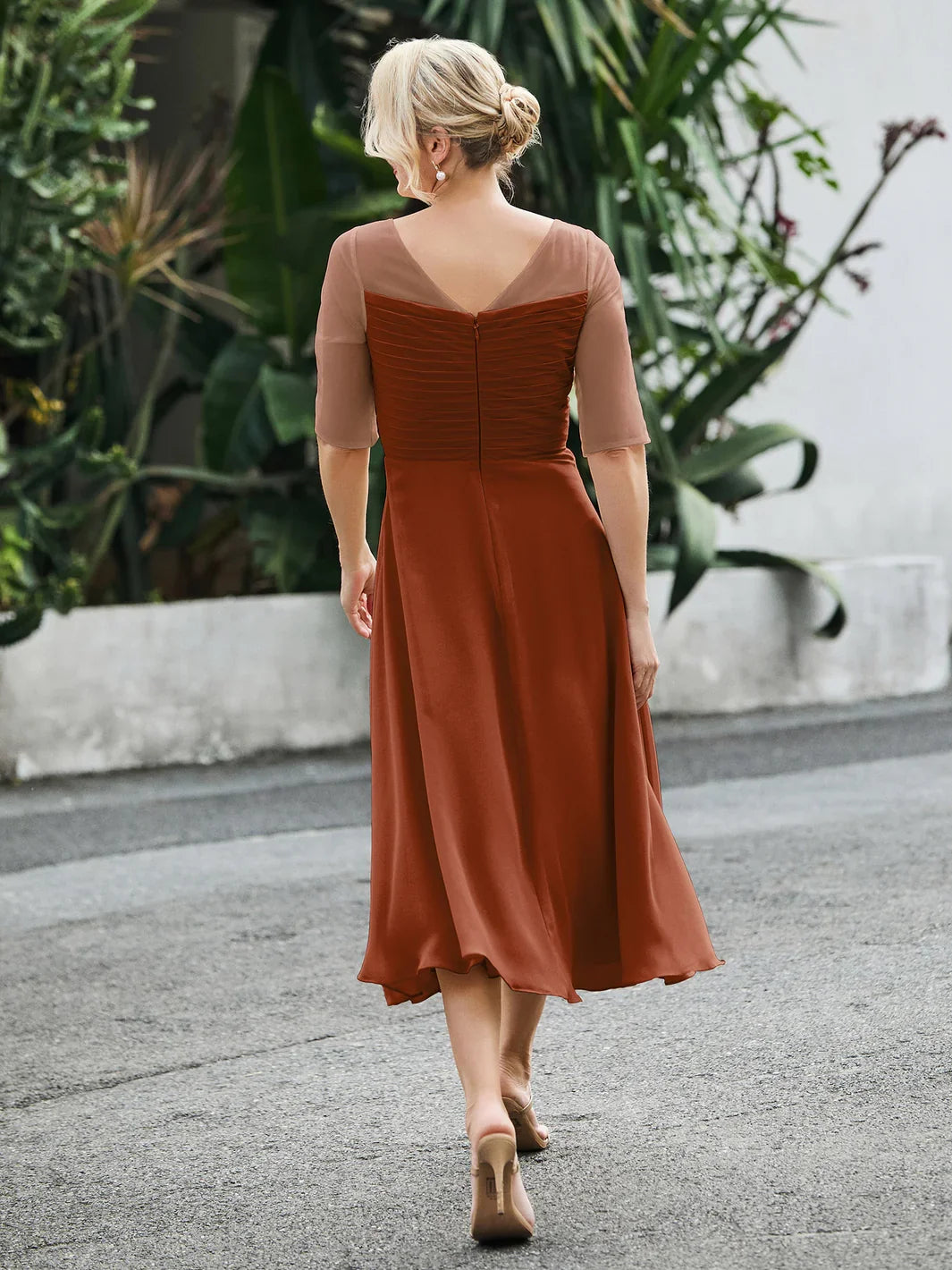 Ruched Illusion Neck A-Line Tea-Length Chiffon Mother of the Bride Dress for Wedding Reception