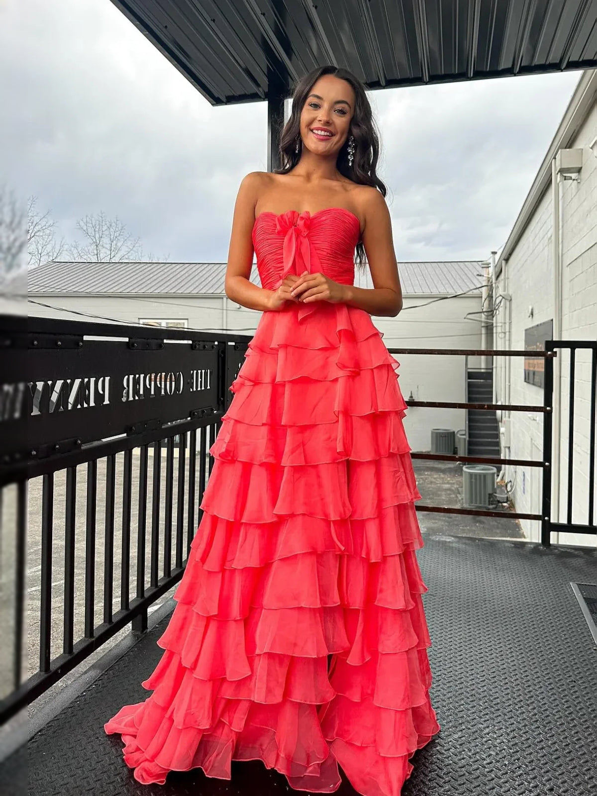 Tiered Ruffled Slit Sweetheart A-Line Floor-Length Chiffon Prom Dress for Formal Party