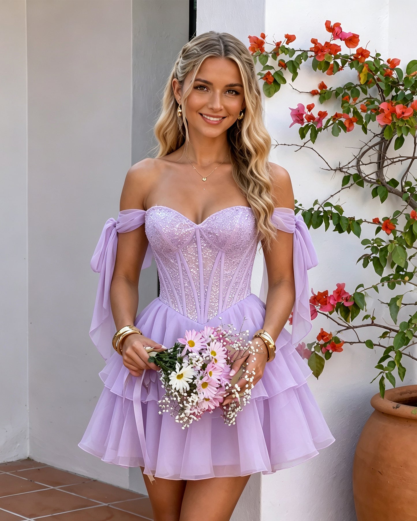 Off-Shoulder Lace Corset Tiered Tulle Homecoming Dress