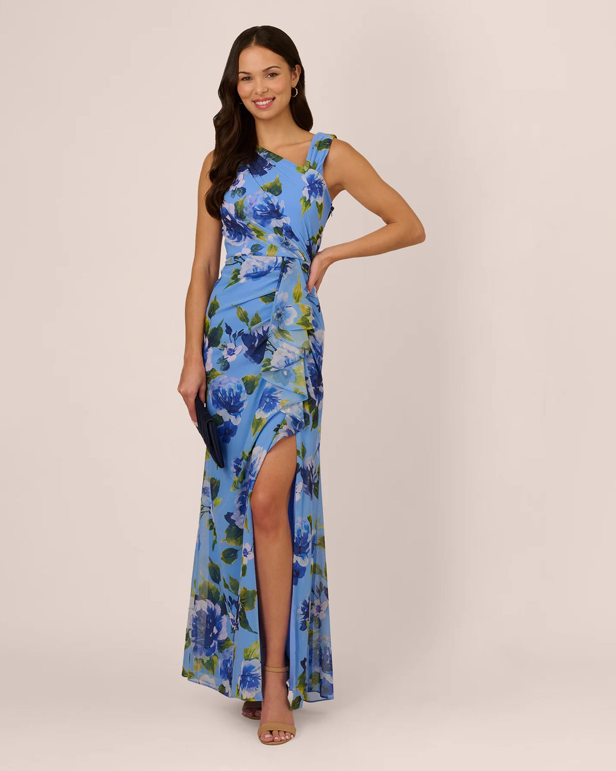 Floral Print Draped A-Line Maxi Mother of the Bride Dress for Estate Wedding