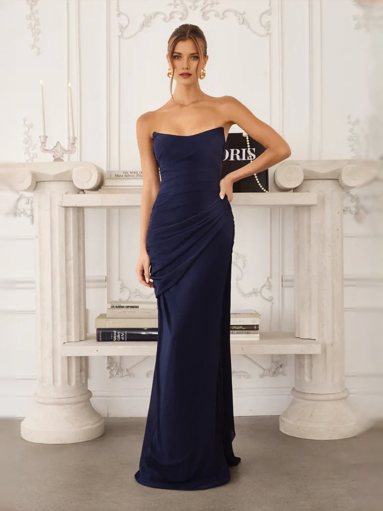 Ruched Draped Strapless Mermaid Floor-Length Satin Prom Dress for Evening Banquet