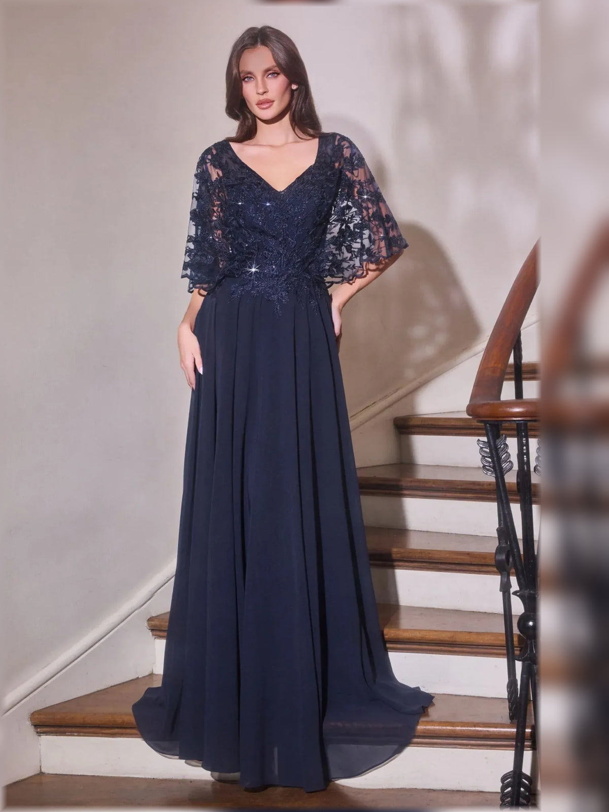 V Neck A-Line Floor-Length Chiffon Mother of the Bride Dress for Anniversary Celebration