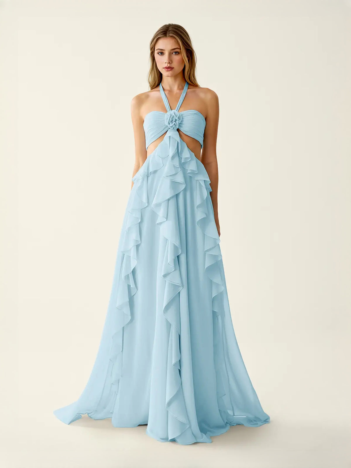 Cut-Out Ruffled Halter Neck A-Line Maxi Chiffon Prom Dress for Formal Reception