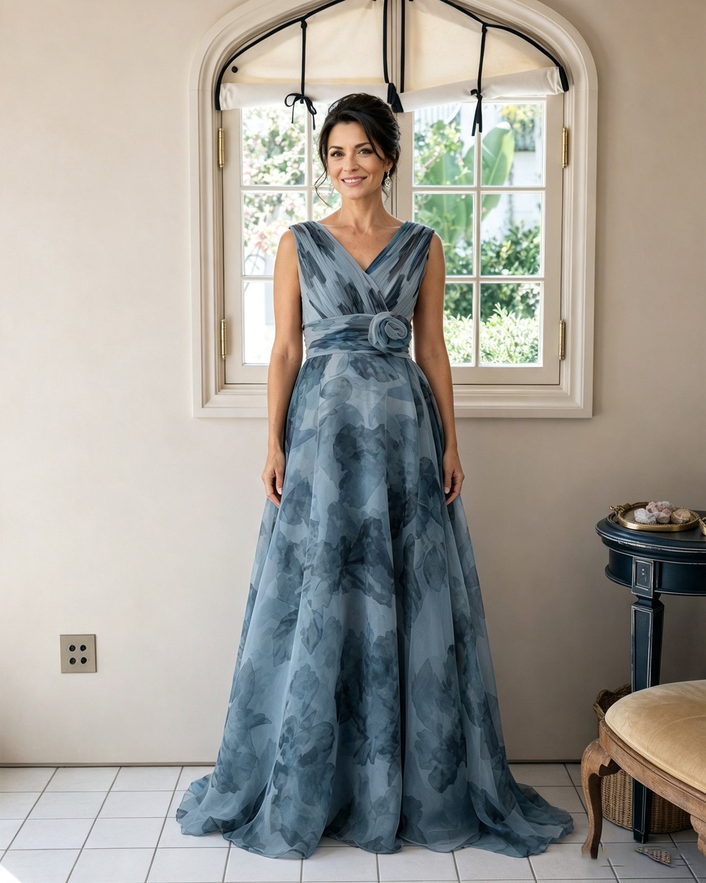 Floral Print V-Neck Chiffon Mother of the Bride Dress with Rosette Sash