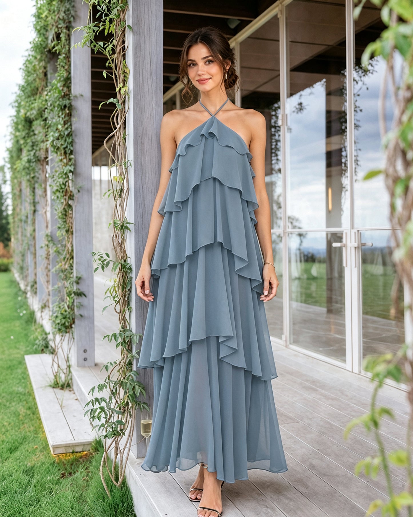 Halter Neck Tiered Chiffon Bridesmaid Dress with Ruffle Overlay