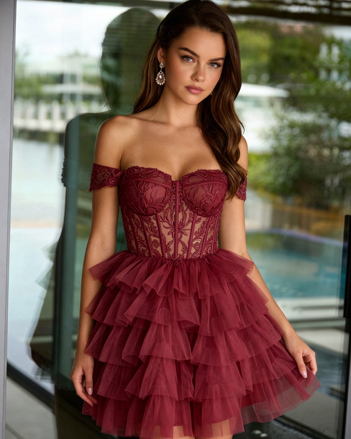Off Shoulder Lace Corset Tulle Homecoming Dress with Tiered Layers