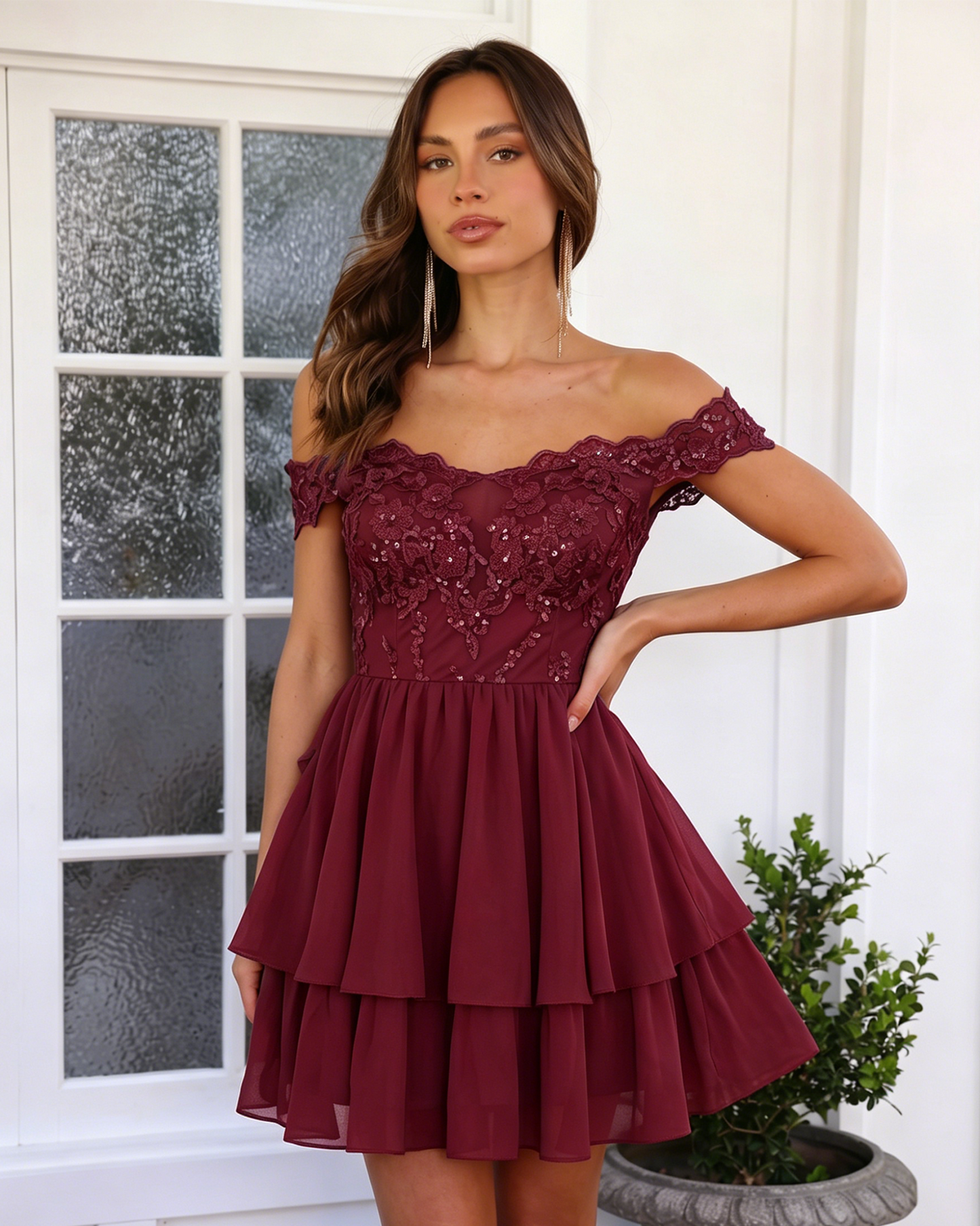 Off Shoulder Lace A-Line Homecoming Dress with Tiered Skirt