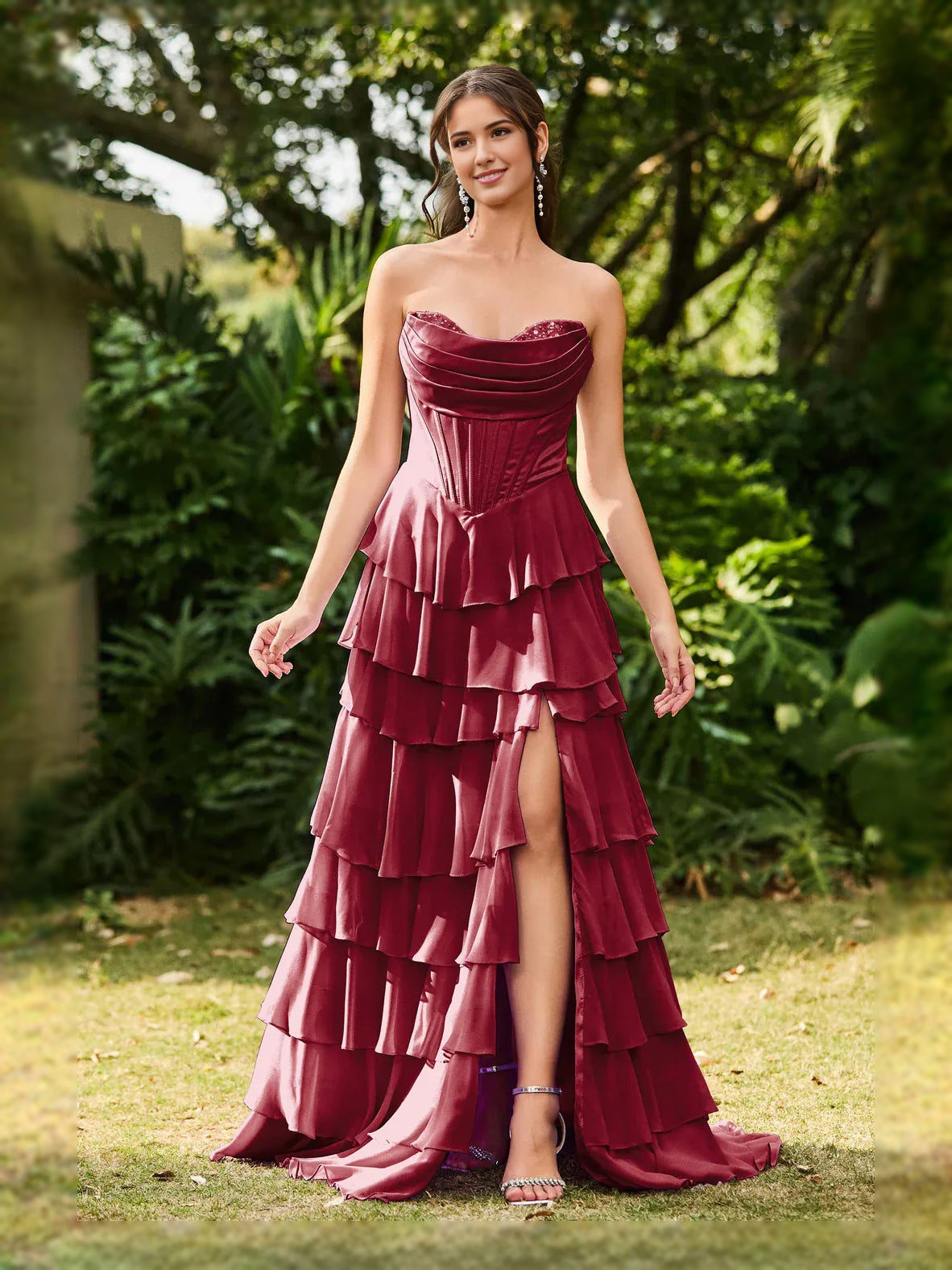Corset Tiered Slit Strapless A-Line Maxi Chiffon Prom Dress for Formal Dance