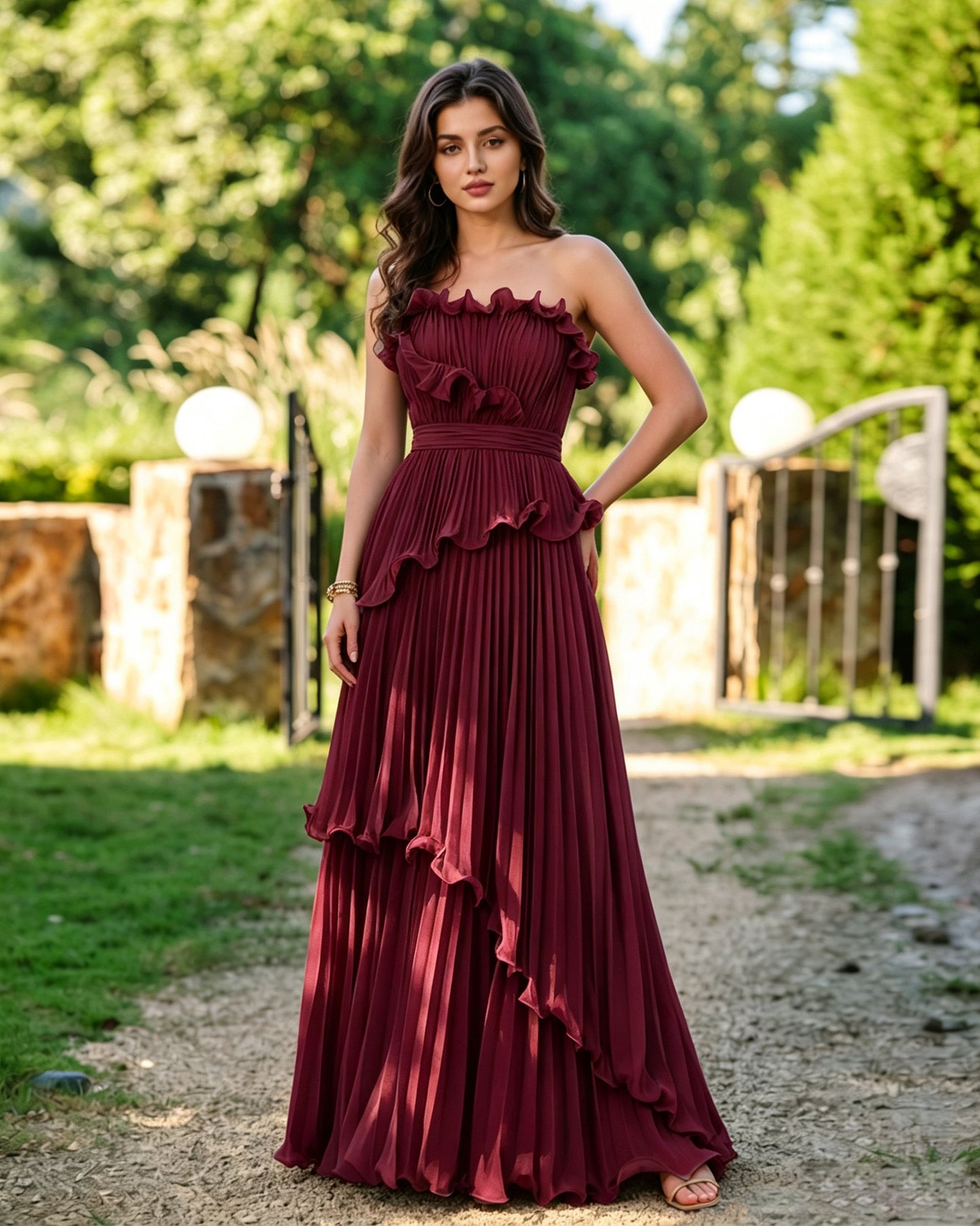 Strapless Ruffle Pleated Formal Dress with Tiered Dress