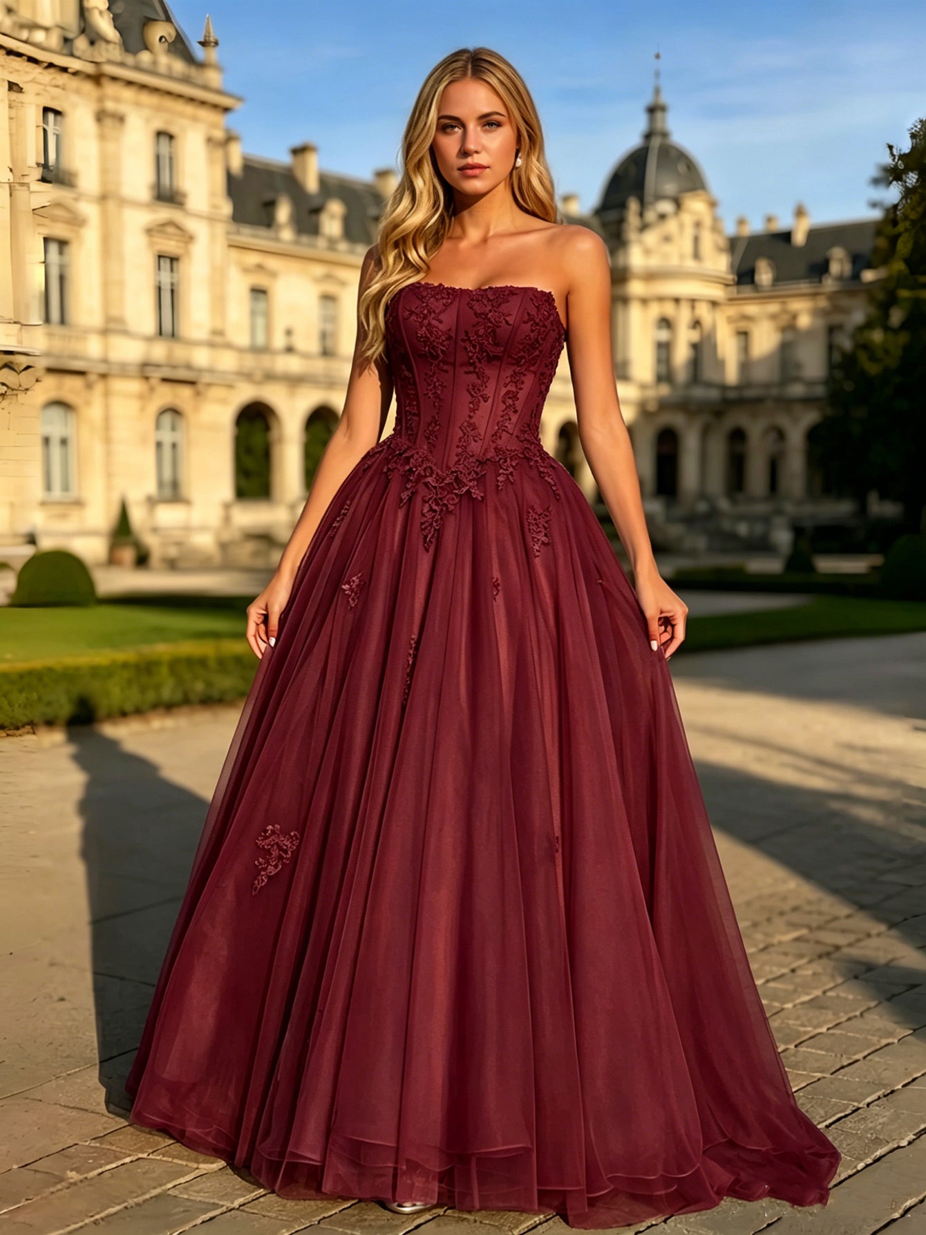 Strapless Lace Corset Ball Gown with Tulle A-Line Skirt