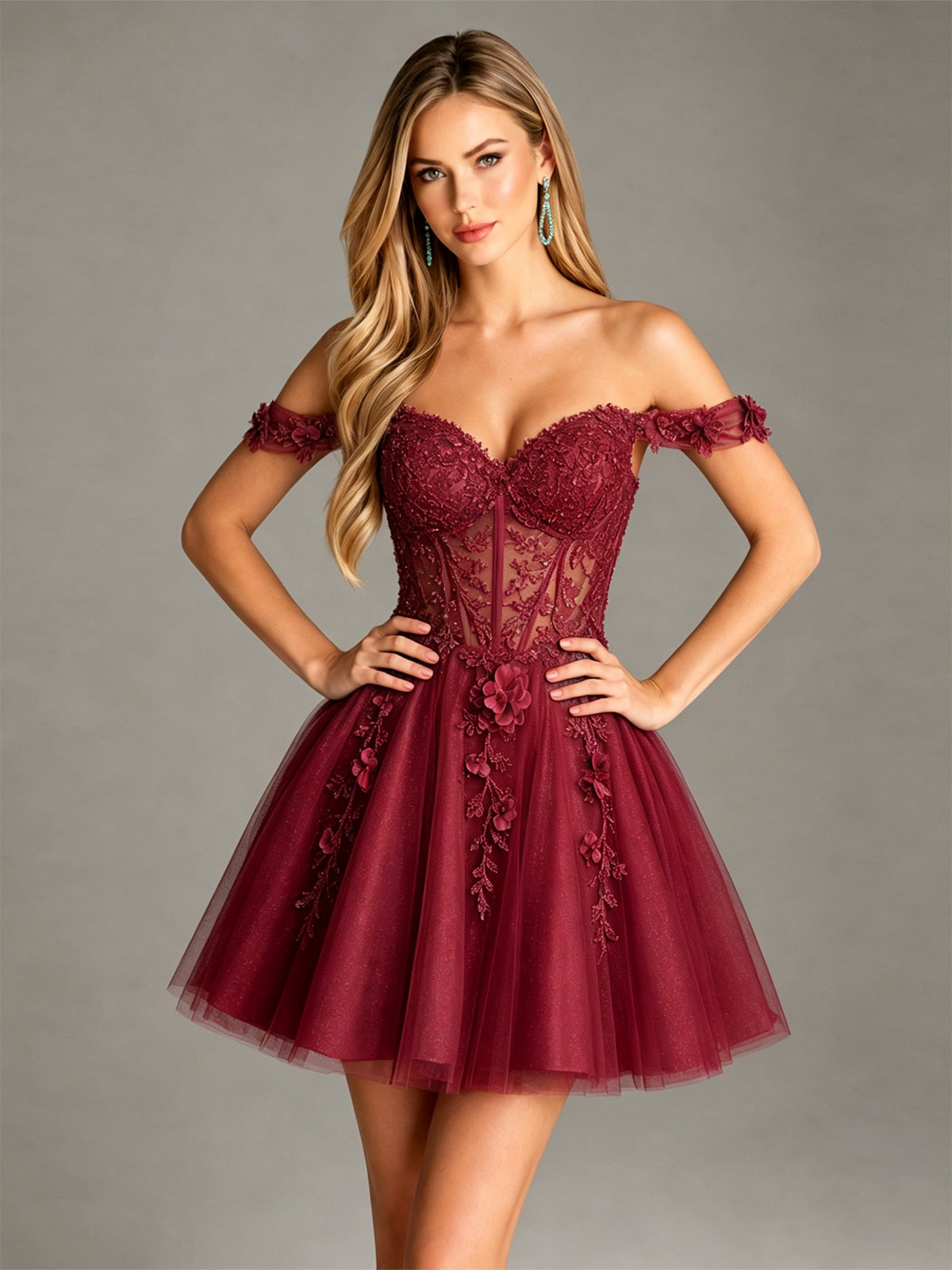 Off Shoulder 3D Floral Corset Glitter Tulle Homecoming Dress