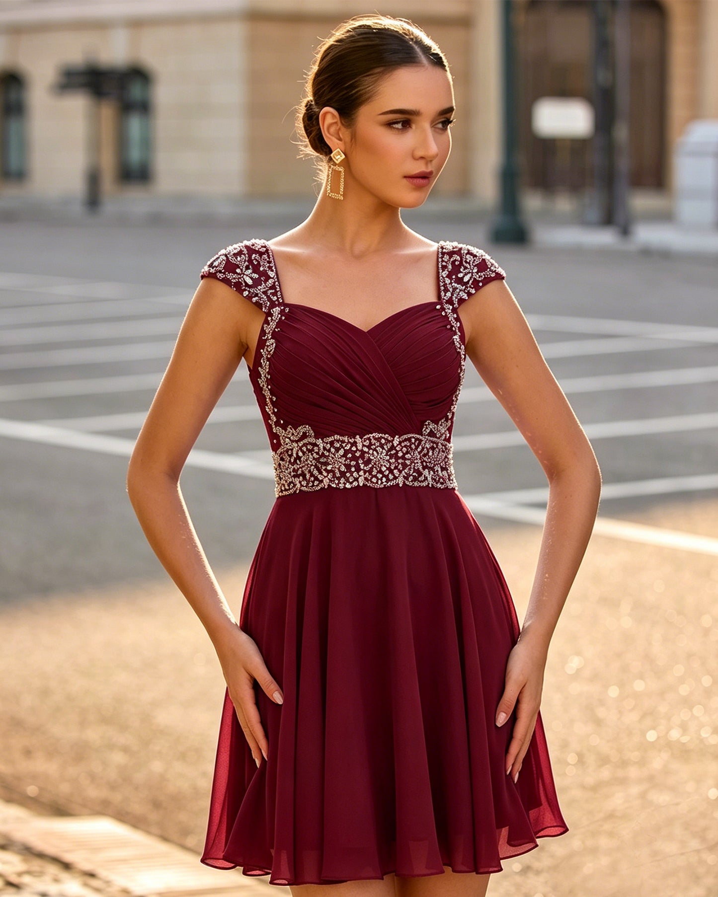 Sweetheart Ruched Chiffon Short Homecoming Dress with Beaded Cap Sleeves