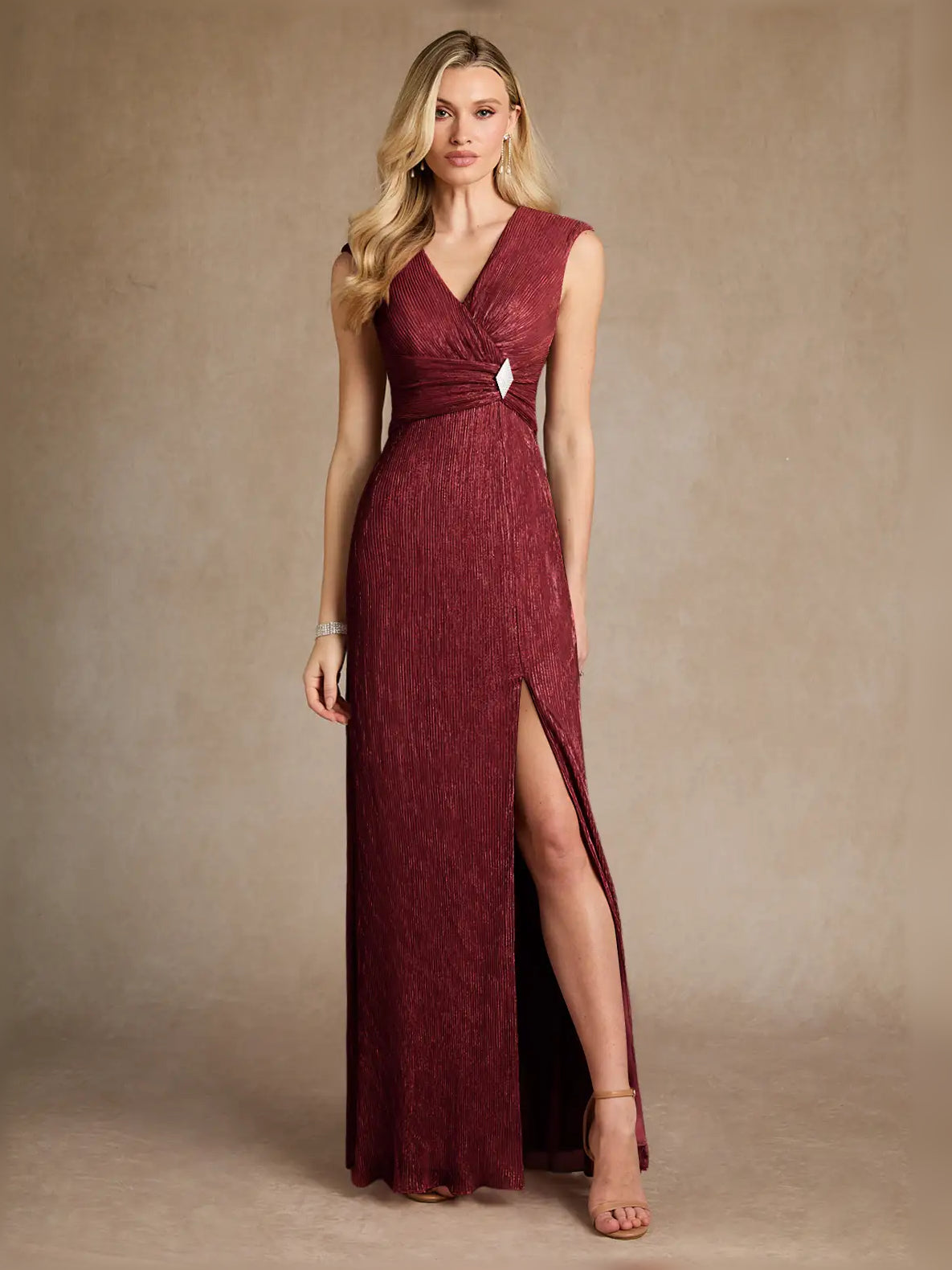 Ruched Pleated Slit V Neck Sheath Maxi Mother of the Bride Dress for Wedding Ceremony