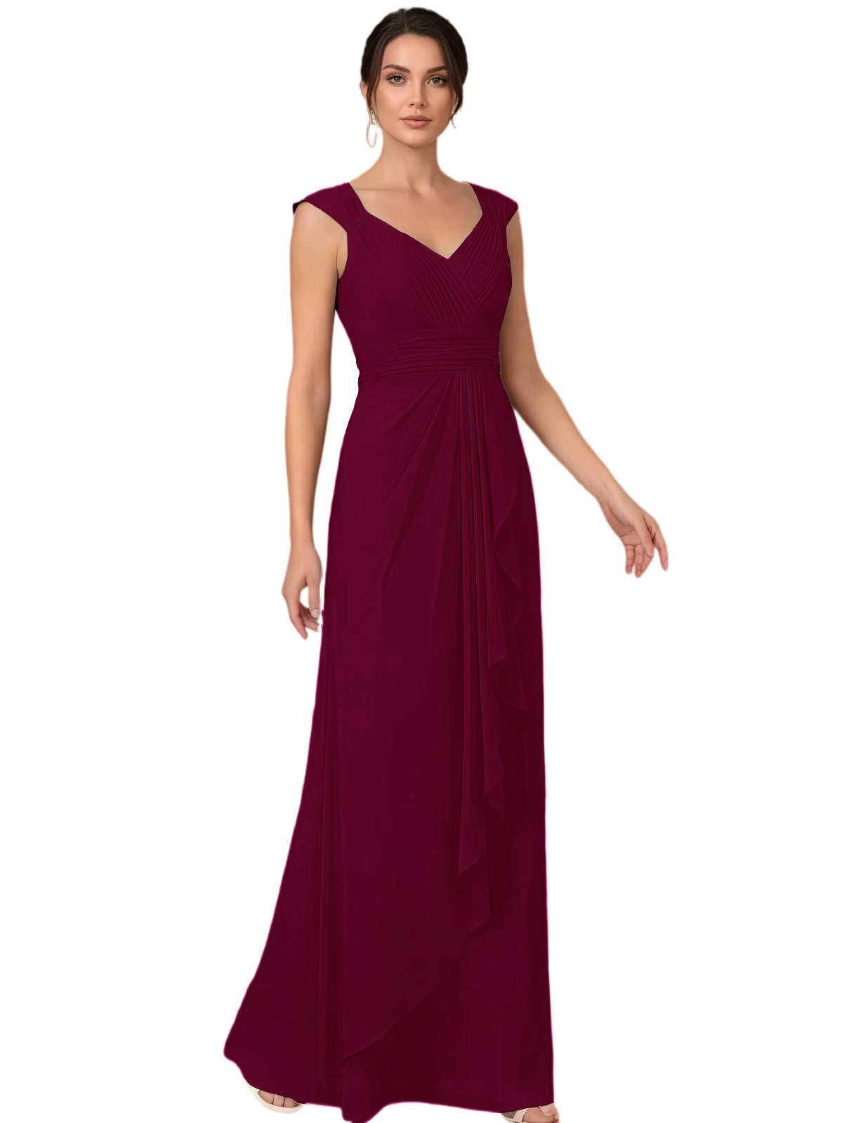 Mother of the Bride Dress Long Sleeveless V-Neck Chiffon Formal Gown with Ruffle Detail