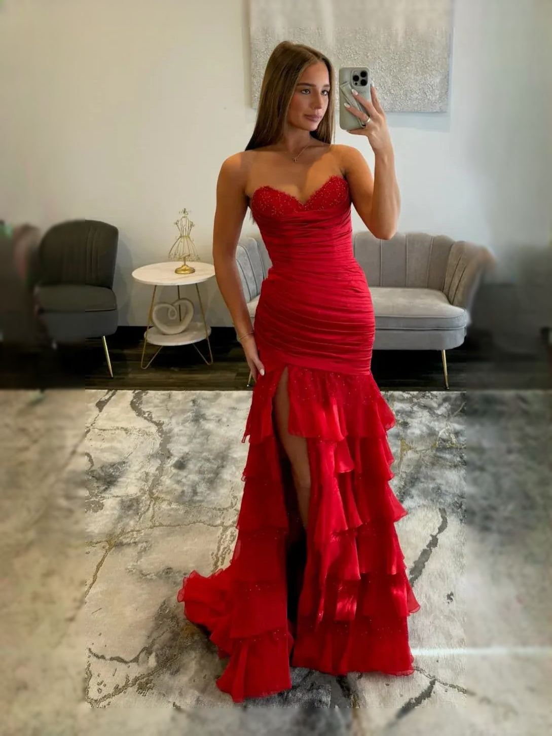 Ruched Corset Ruffled Slit Sweetheart Mermaid Floor-Length Tulle Prom Dress for Ballroom Event
