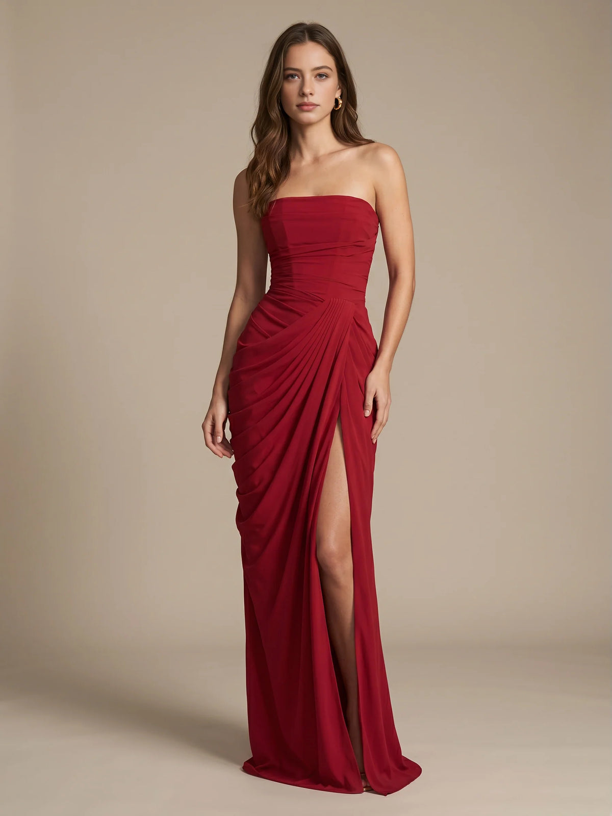 Ruched Draped Slit Strapless Mermaid Maxi Chiffon Bridesmaid Dress for Garden Wedding
