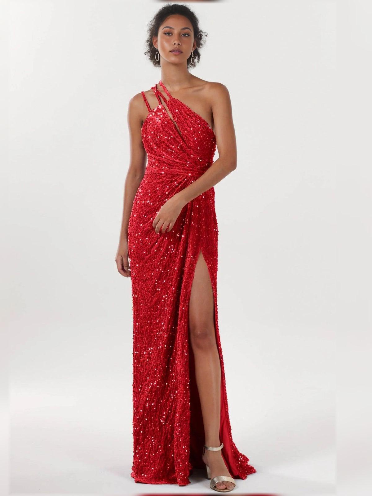 One-Shoulder Ruching Slit Floor-Length Sheath Formal Dress