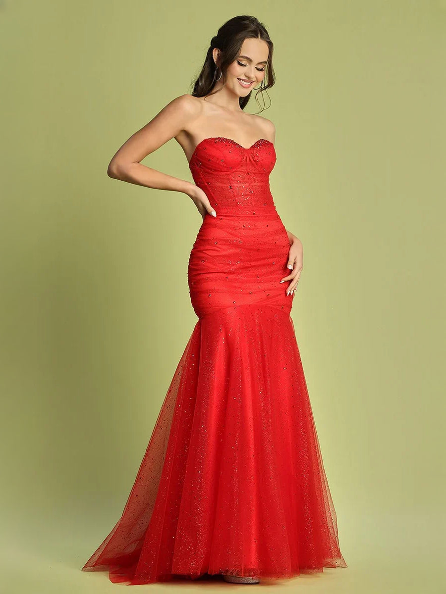 Ruched Corset Strapless Mermaid Floor-Length Tulle Prom Dress for Formal Dance