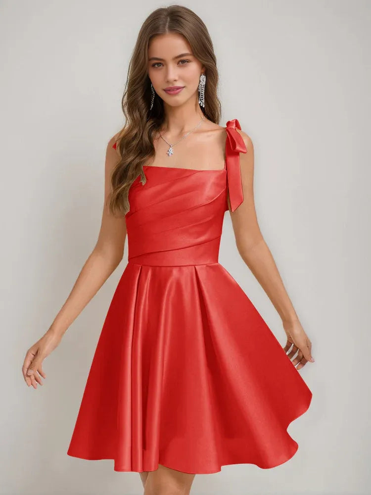 Corset Bow Square Neck A-Line Short Satin Homecoming Dress for Milestone Birthday