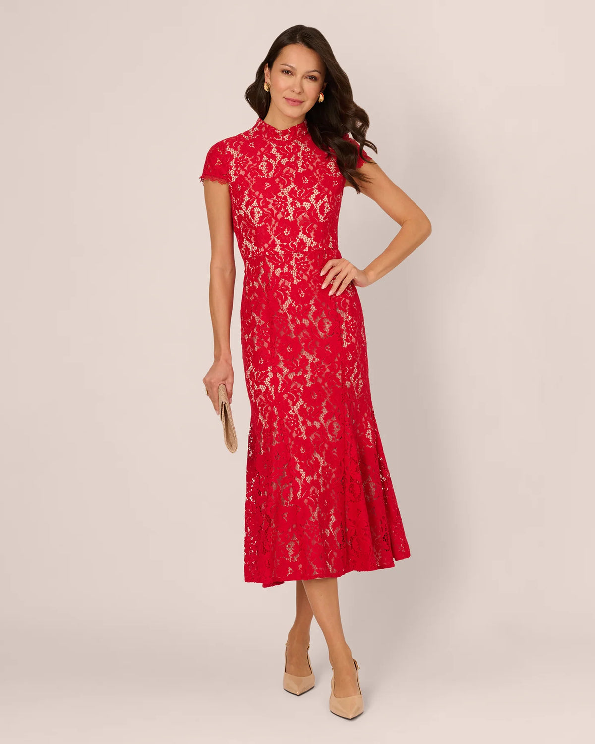 Lace Detail Cap-Sleeve A-Line Midi Mother of the Bride Dress for Wedding Dinner
