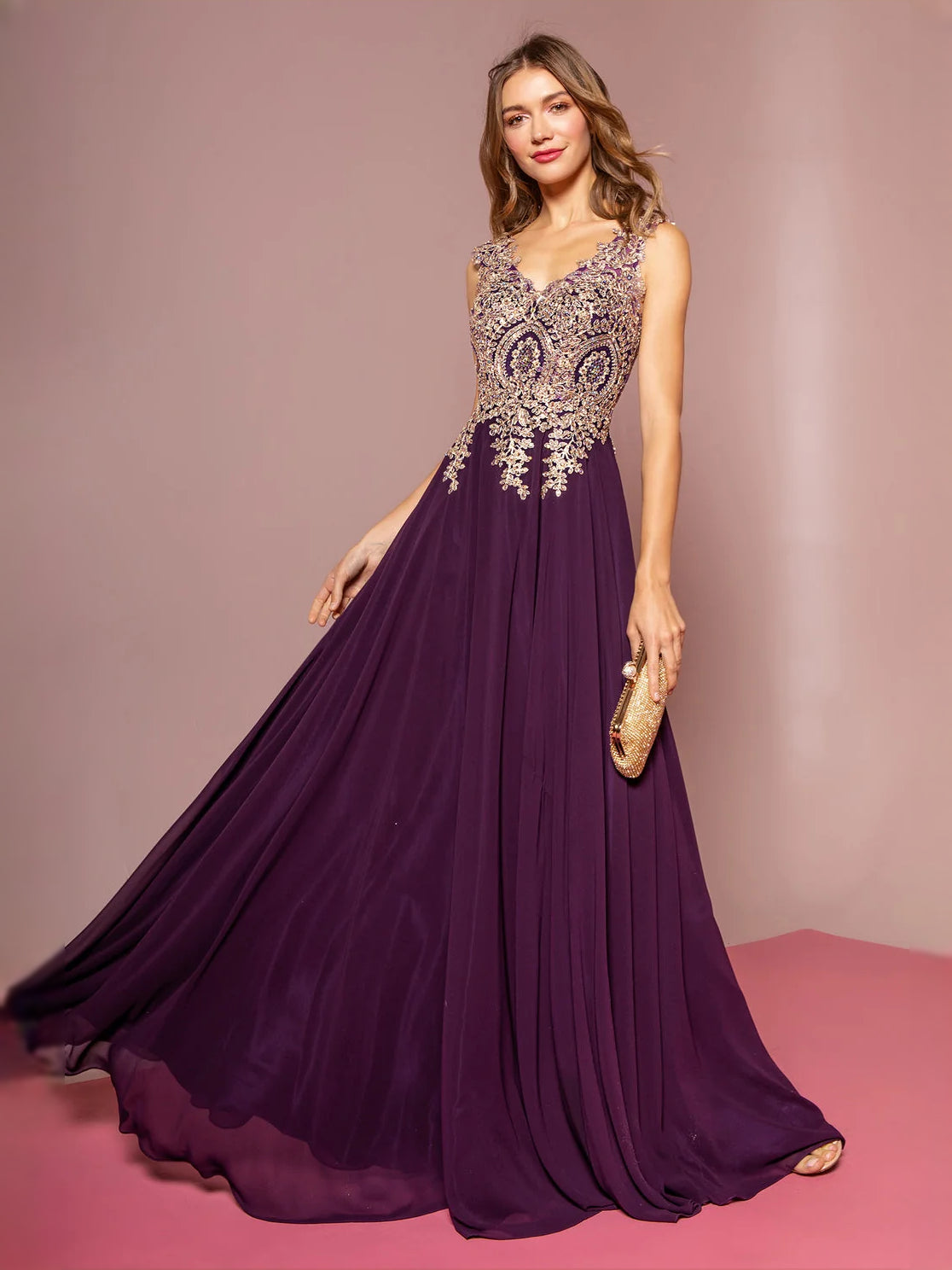 Beaded Embroidered V Neck A-Line Floor-Length Chiffon Prom Dress for Charity Ball