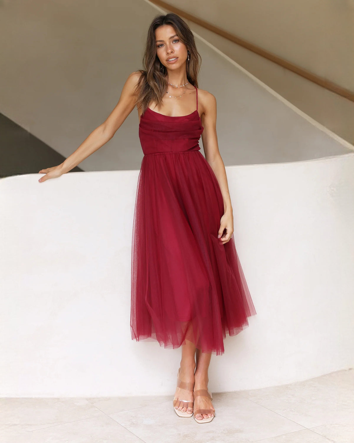 Sleeveless Mesh A-Line Maxi Bridesmaid Dress for Hotel Ceremony