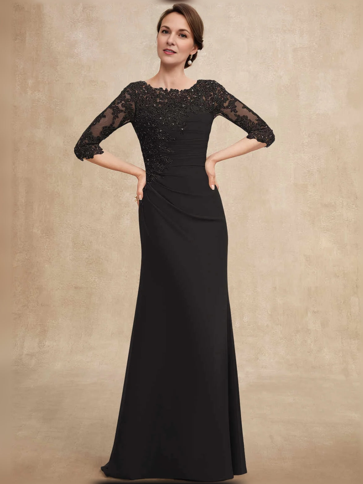 Ruched Draped Boat Neck Sheath Maxi Mother of the Bride Dress for Gala Dinner