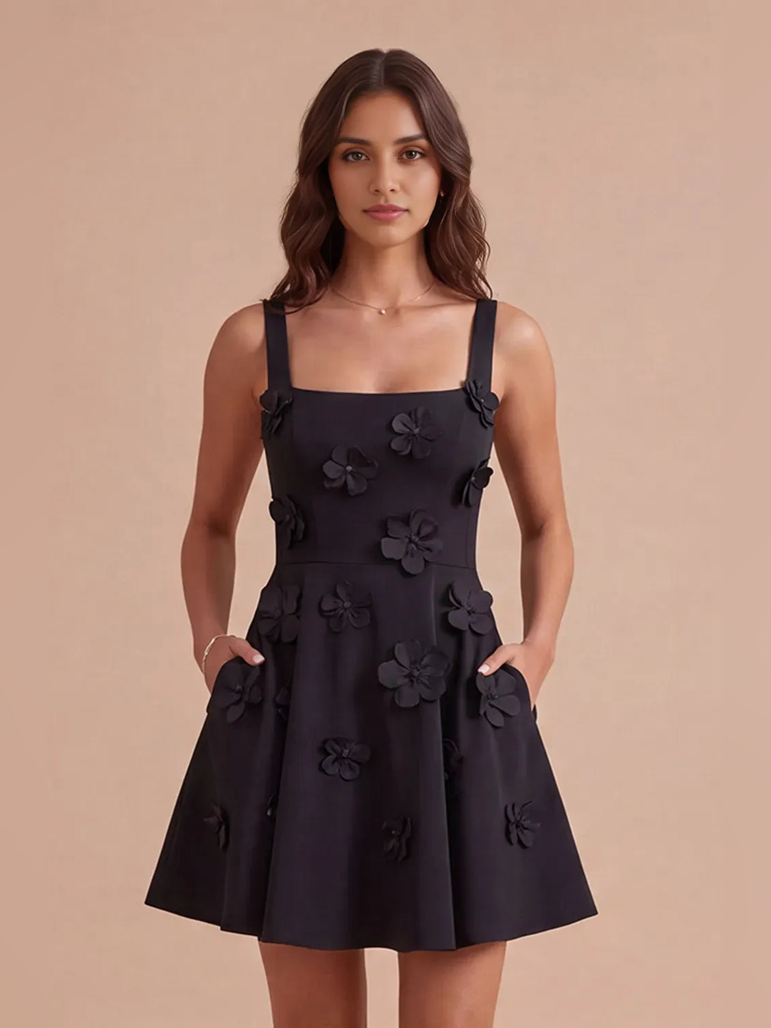 Flower-Applique Floral Square Neck Fit-and-Flare Mini Homecoming Dress for Gala Reception