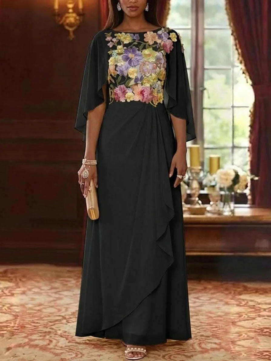 Draped Ruffled Floral Cape-Sleeve A-Line Maxi Chiffon Mother of the Bride Dress for Formal Dinner