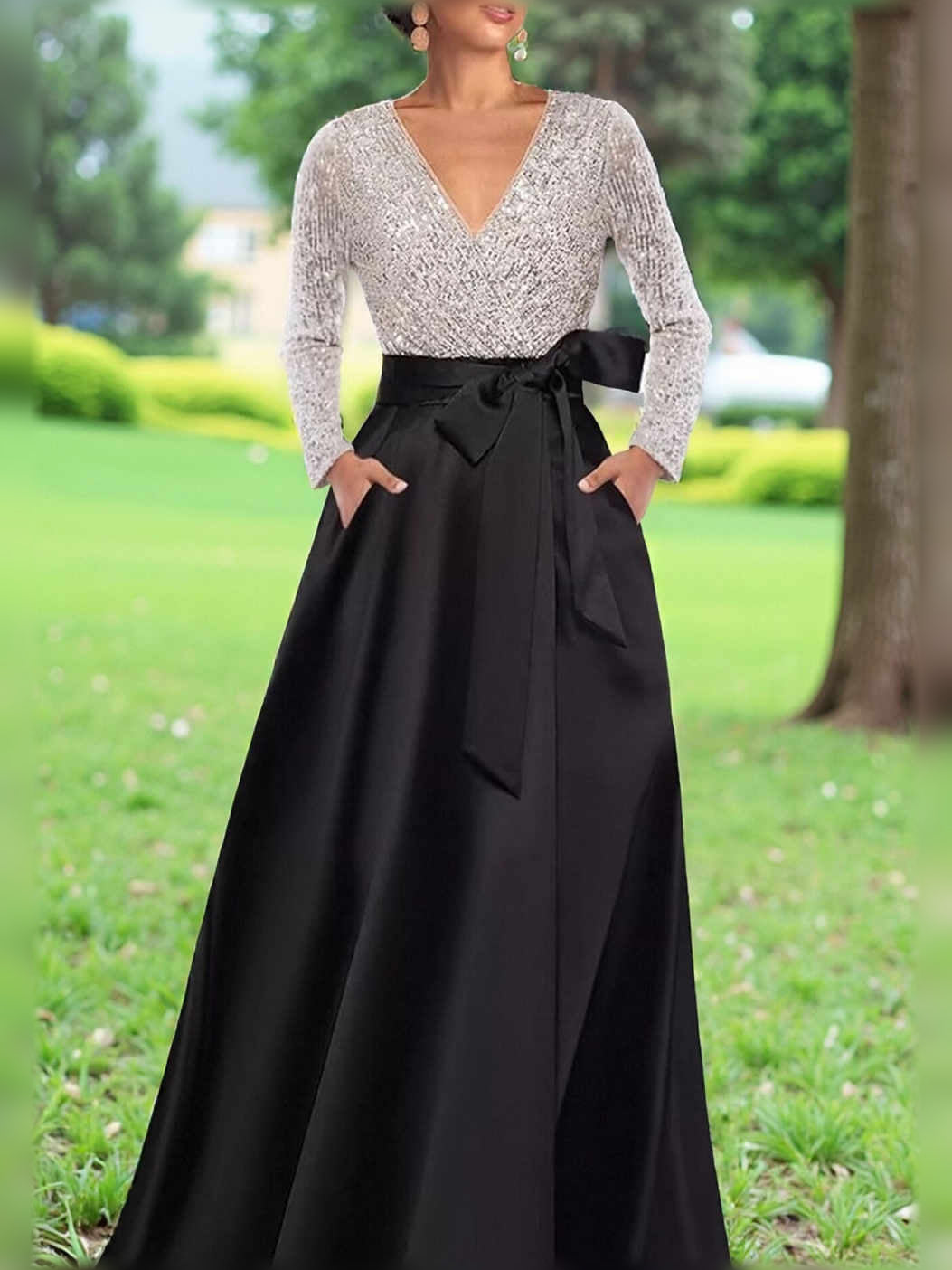 V Neck Long Sleeves A-Line Floor-Length Formal Dress