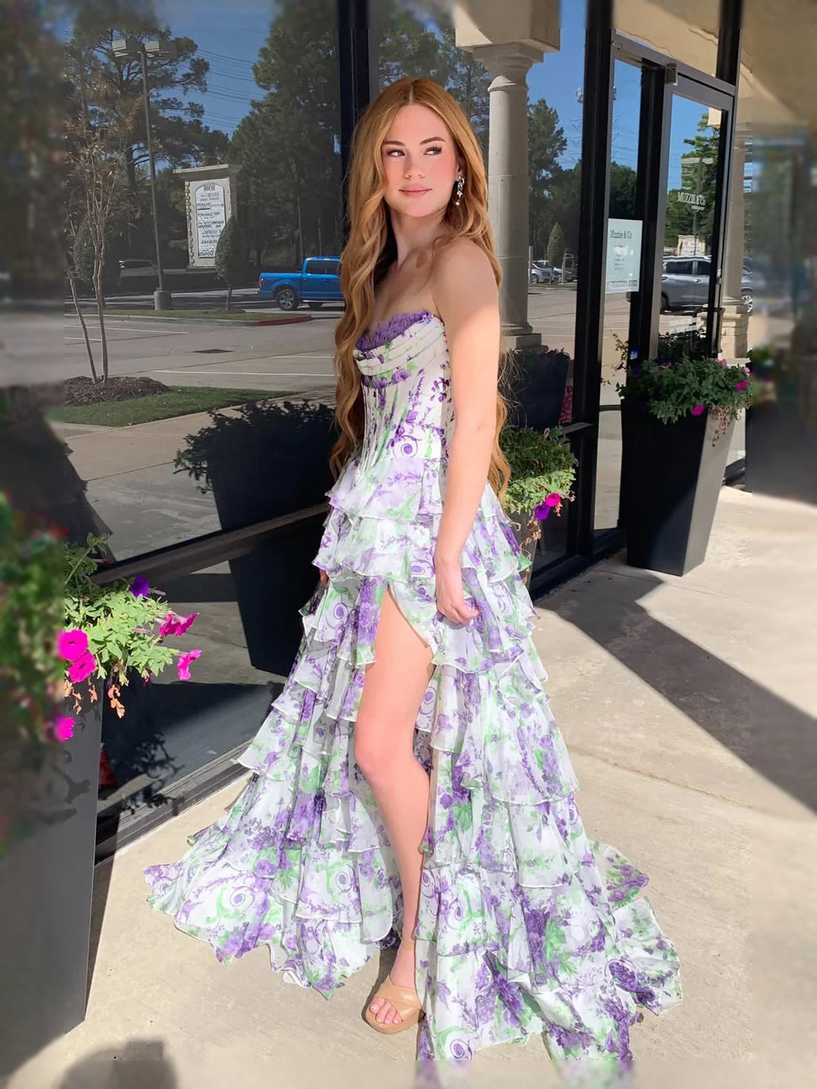 Corset Layered Floral Ruffled Slit Sweetheart A-Line Maxi Tulle Prom Dress for Charity Ball