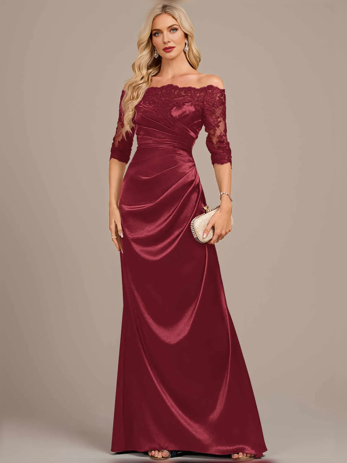 Ruched Draped Off Shoulder Mermaid Floor-Length Satin Mother of the Bride Dress for Evening Wedding
