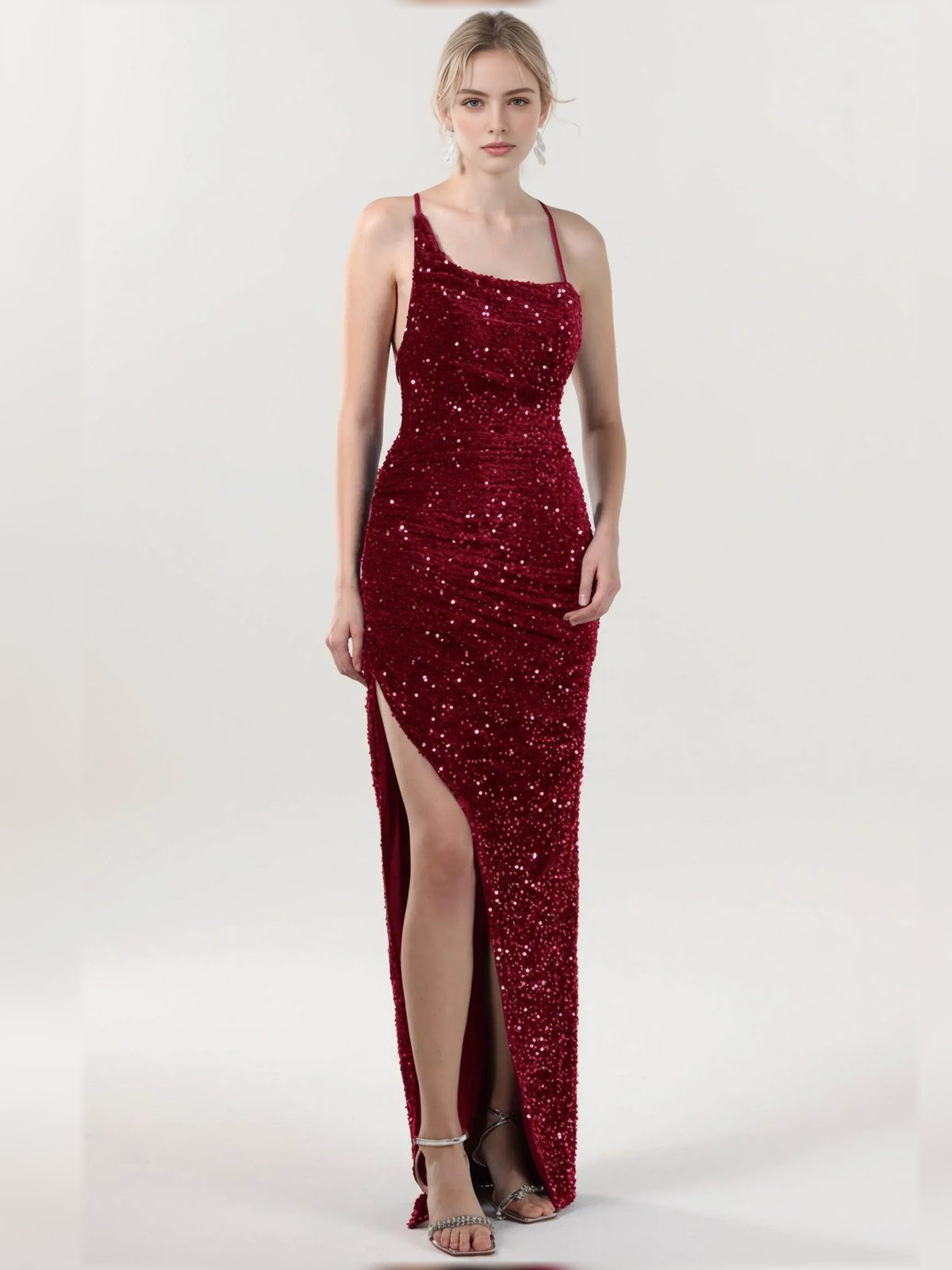 Cowl Neck Ruching Slit Floor-Length Sleek Formal Dress