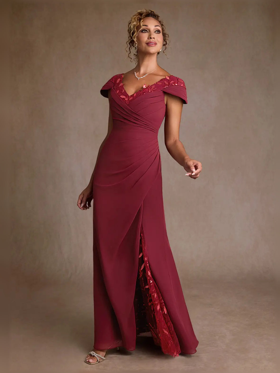 Ruffled Embroidered V Neck A-Line Maxi Chiffon Mother of the Bride Dress for Church Wedding