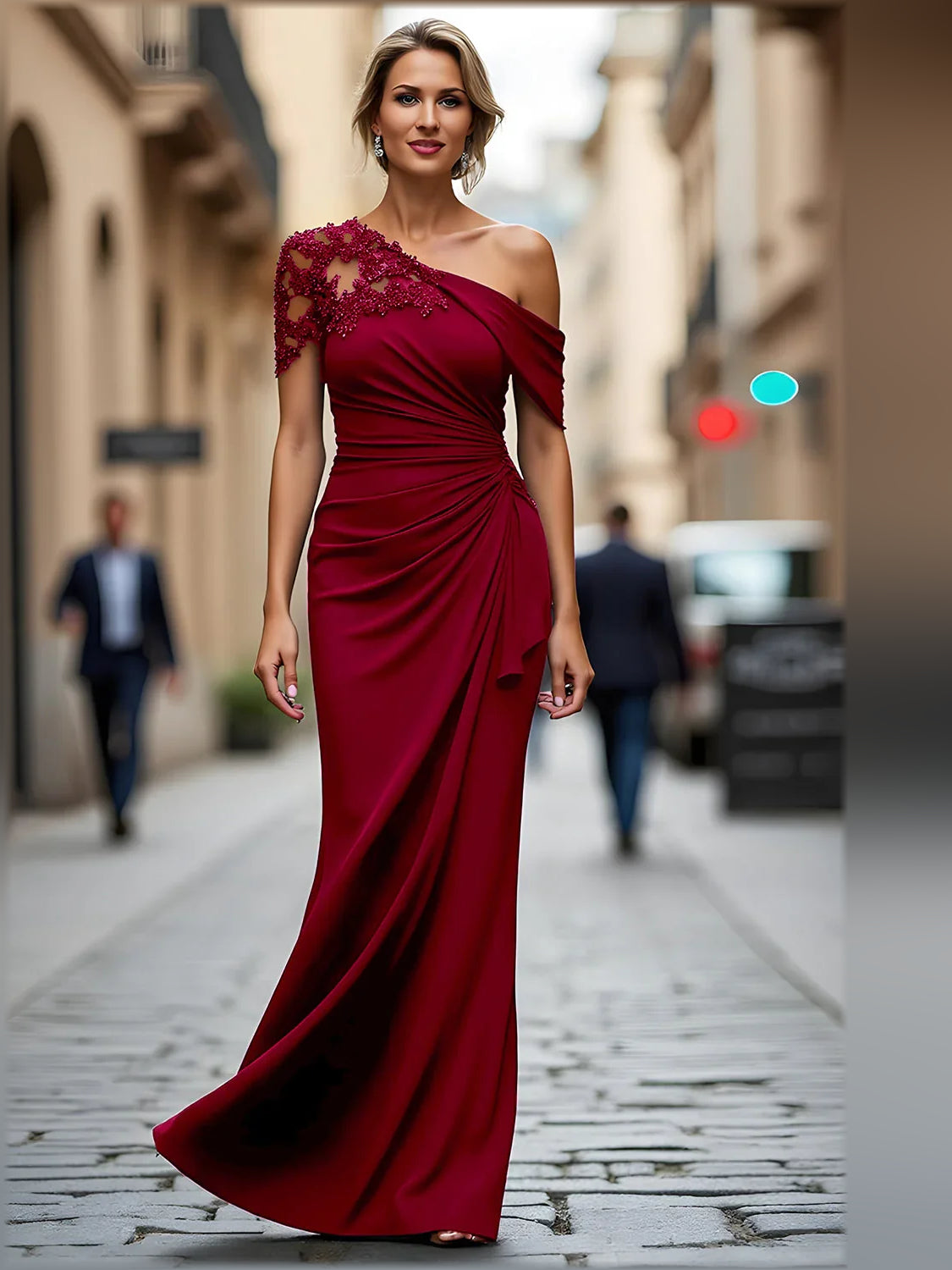 One-Shoulder Ruching Beading Floor-Length Formal Dress