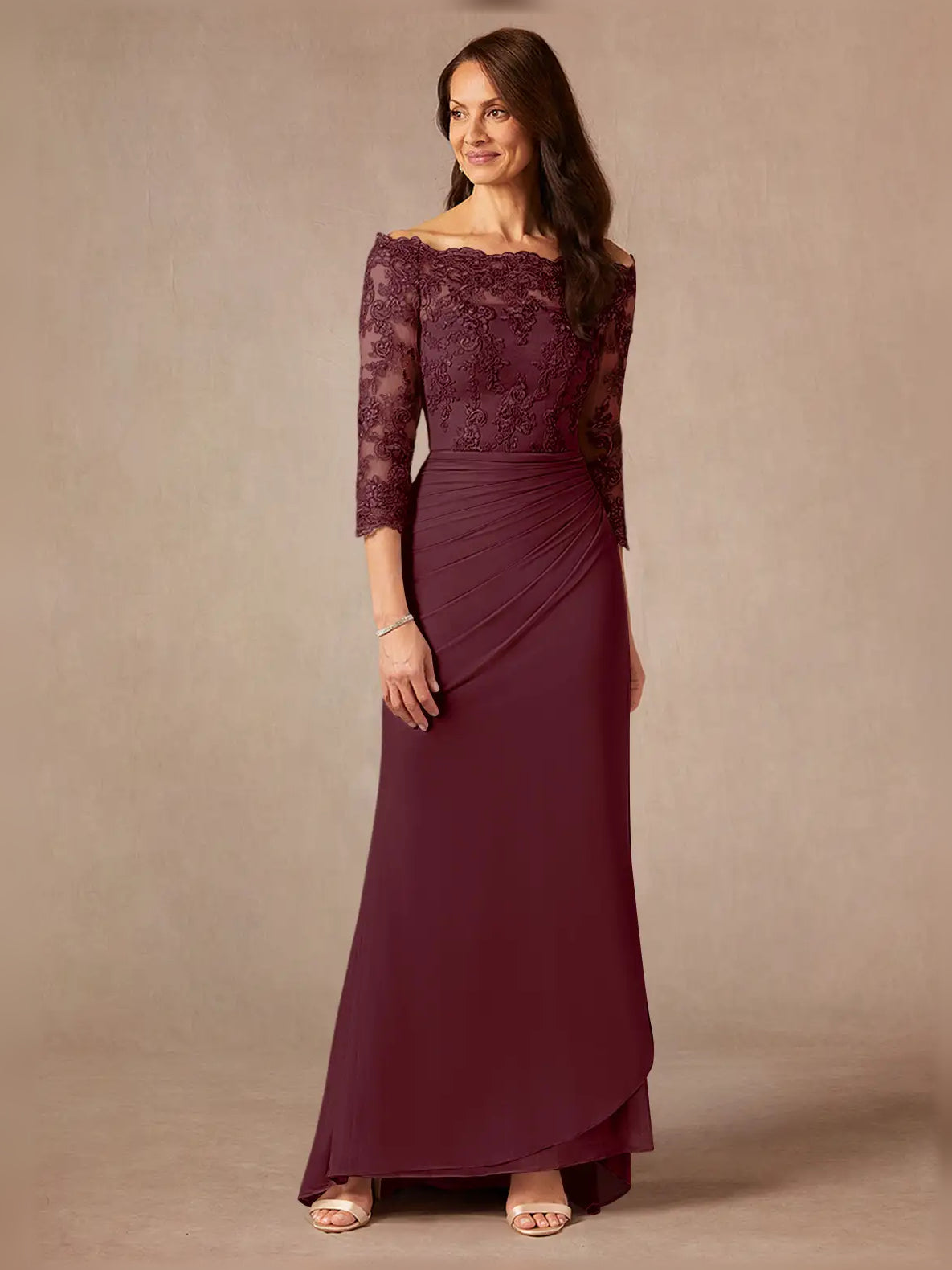Ruched Off Shoulder Sheath Maxi Chiffon Mother of the Bride Dress for Wedding Reception